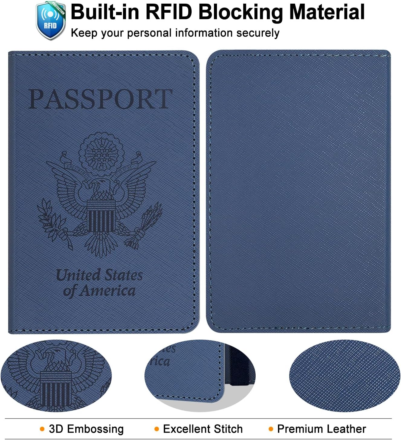 RSAquar Passport Holder for Women and Men, Premium PU Leather Travel Passport Wallet RFID Blocking Passport Cover Travel Documents Organizer (JD-Blue)