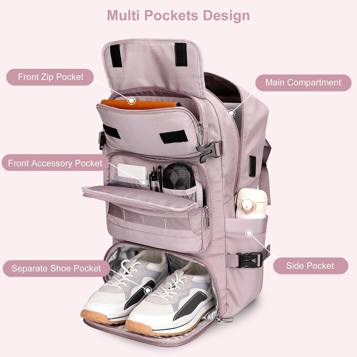 PIJUSHI Travel Backpack for Women Carry on Duffle Bag Backpack For Airplanes Luggage Rucksack with Shoe Compartment(PE048 Light Purple)