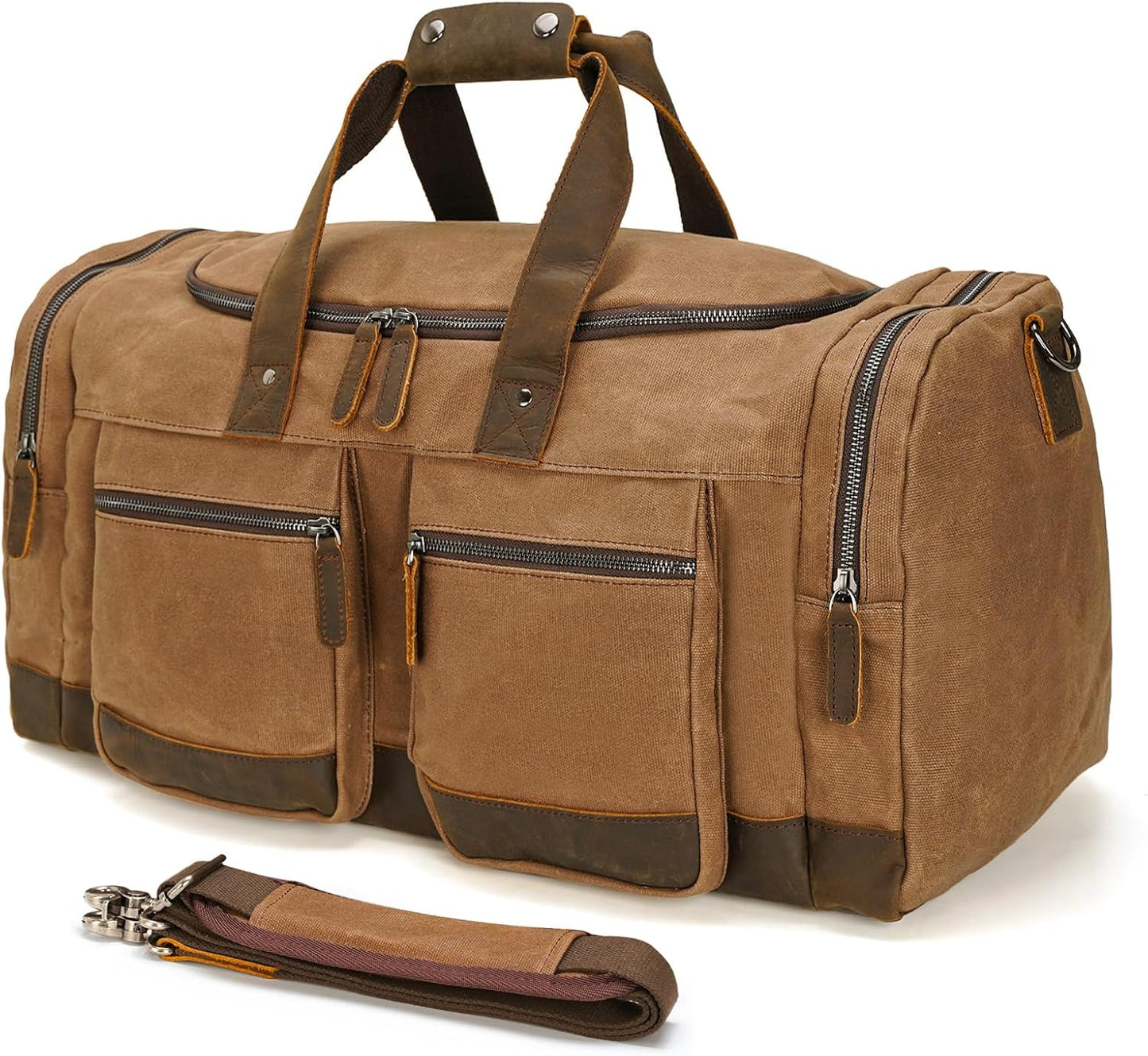 Polare 23” Waxed Canvas Cowhide Leather Waterproof Travel Duffel Bag Trim Luggage Weekender Overnight Carry on Hand Bag