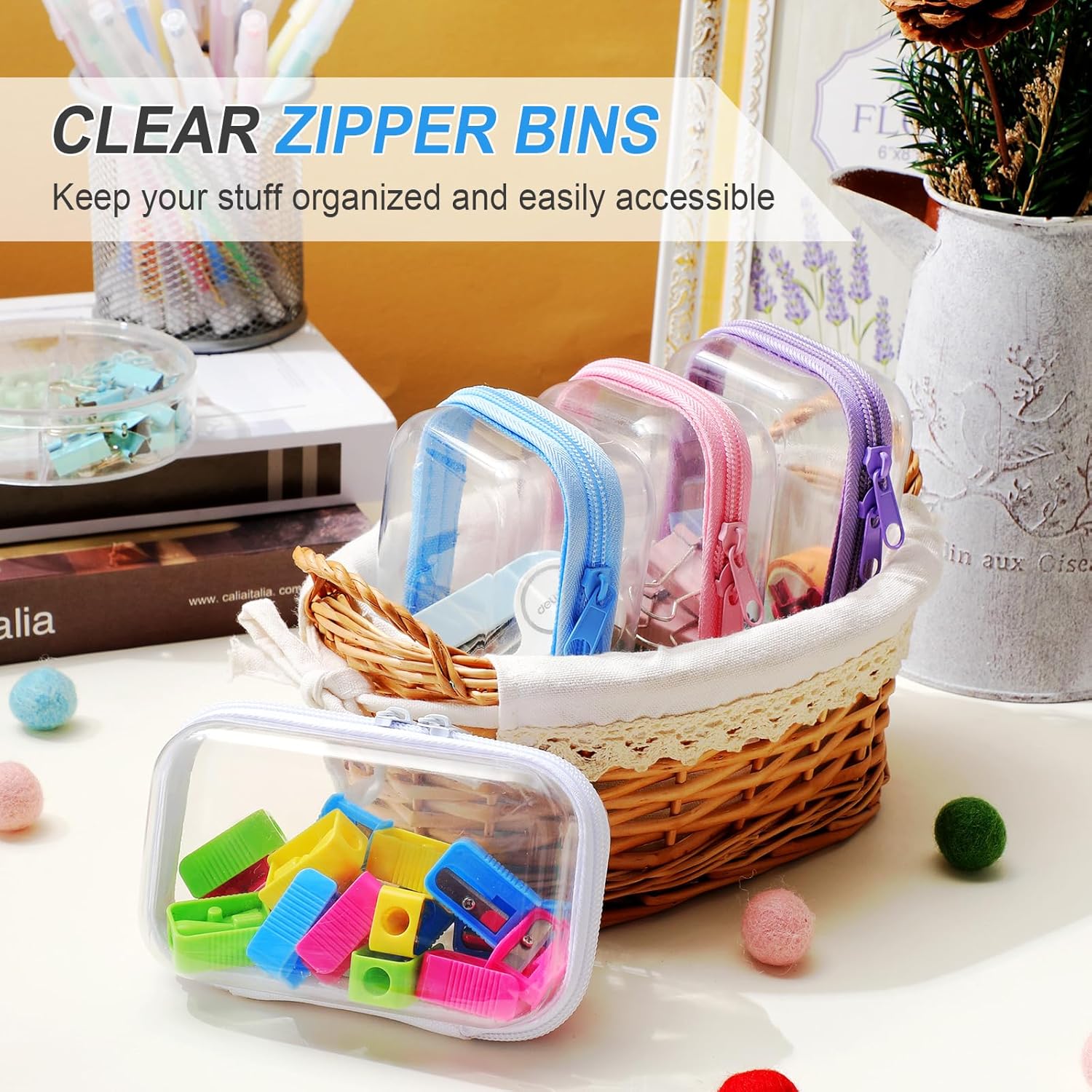 Hoolerry 4 Pcs Hard Clear Zipper Case Makeup Bags Plastic Pencil Pouch Transparent Storage Box