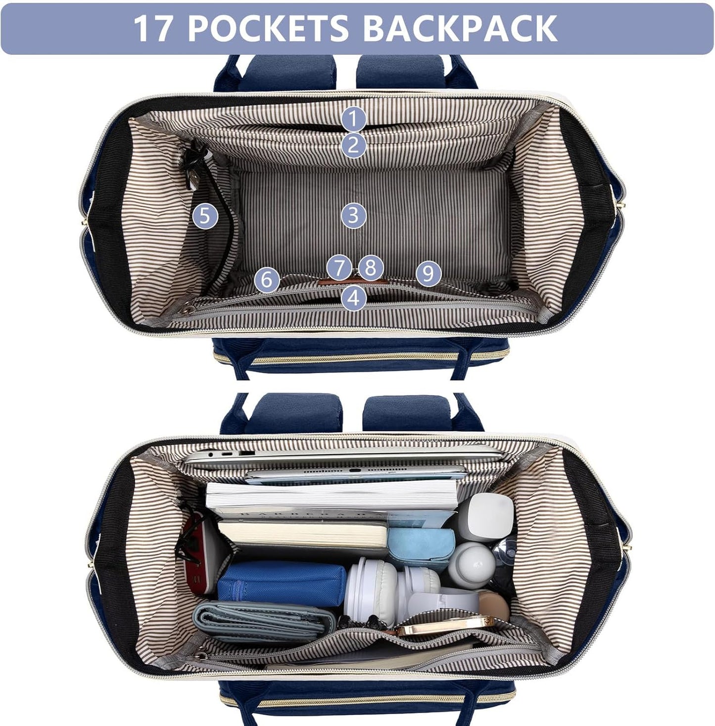 Laptop Backpack for Womem Work Bags: 17.3 Inch Travel BackPacks With USB Charging Port Anti Theft Fashion College BookBag Durable Back Pack Purse Bussiness Daypack for Nurse Teacher Navy Beige