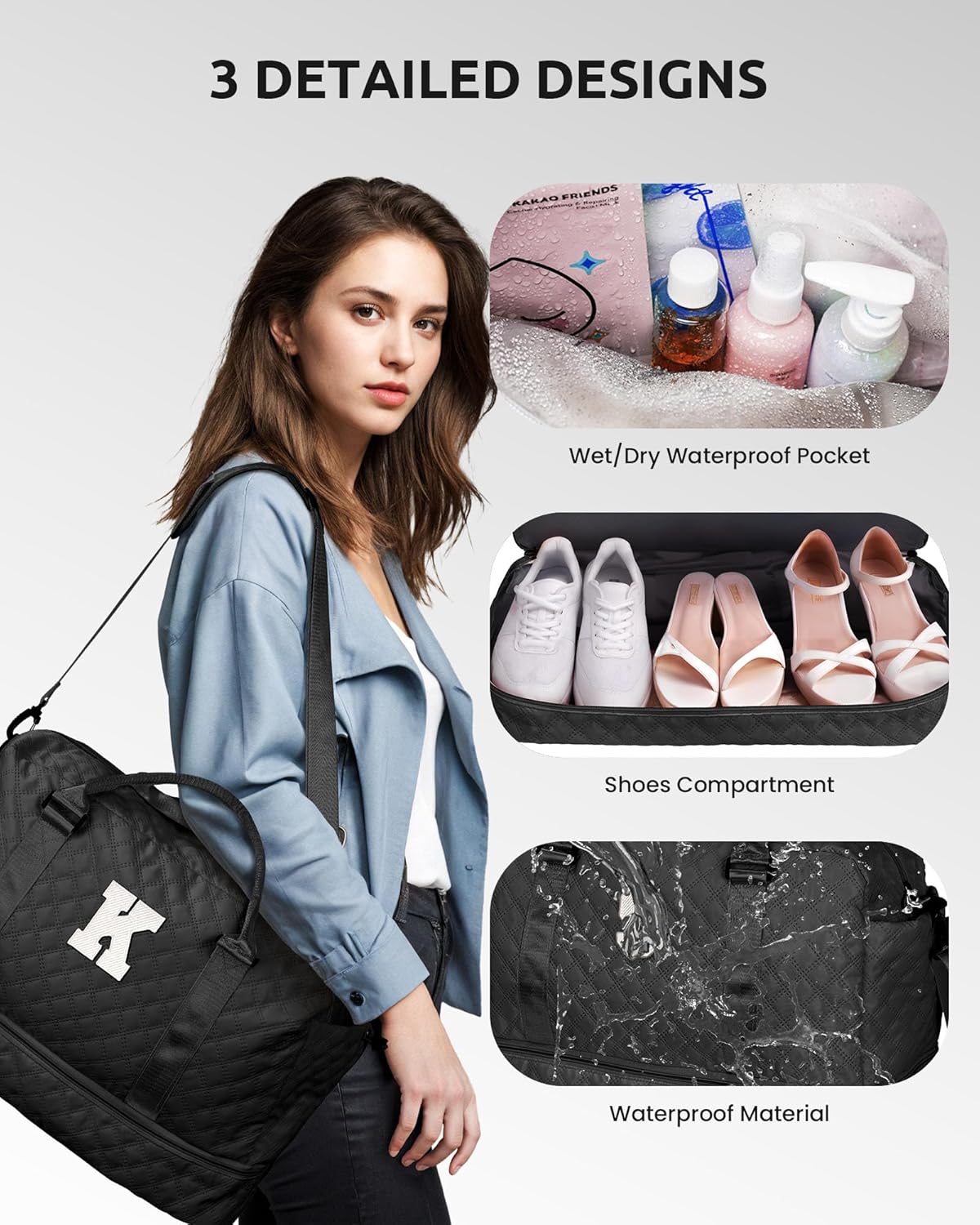 Navy Duffel Bag - Personalized Initial, Weekender, Overnight, Travel Bag with Shoe Compartment & Makeup Bag, Size 12x7x2 inches
