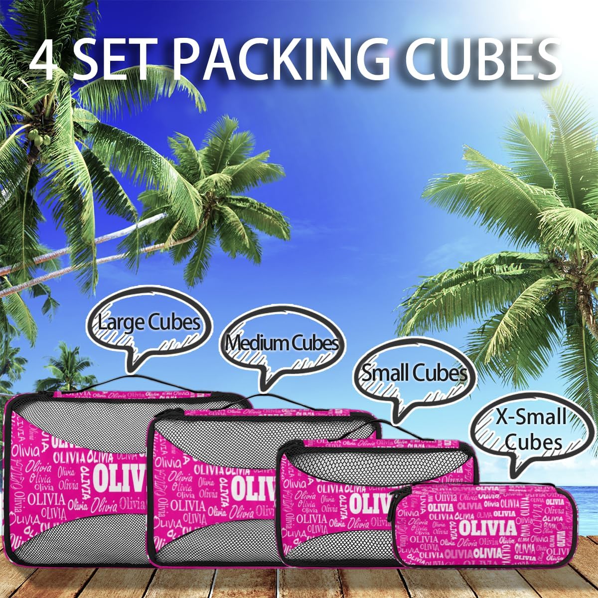 Custom Packing Cubes with Name - 4 Piece Packing Cubes Compression Luggage Suitcase Organizer Set, Deep Pink