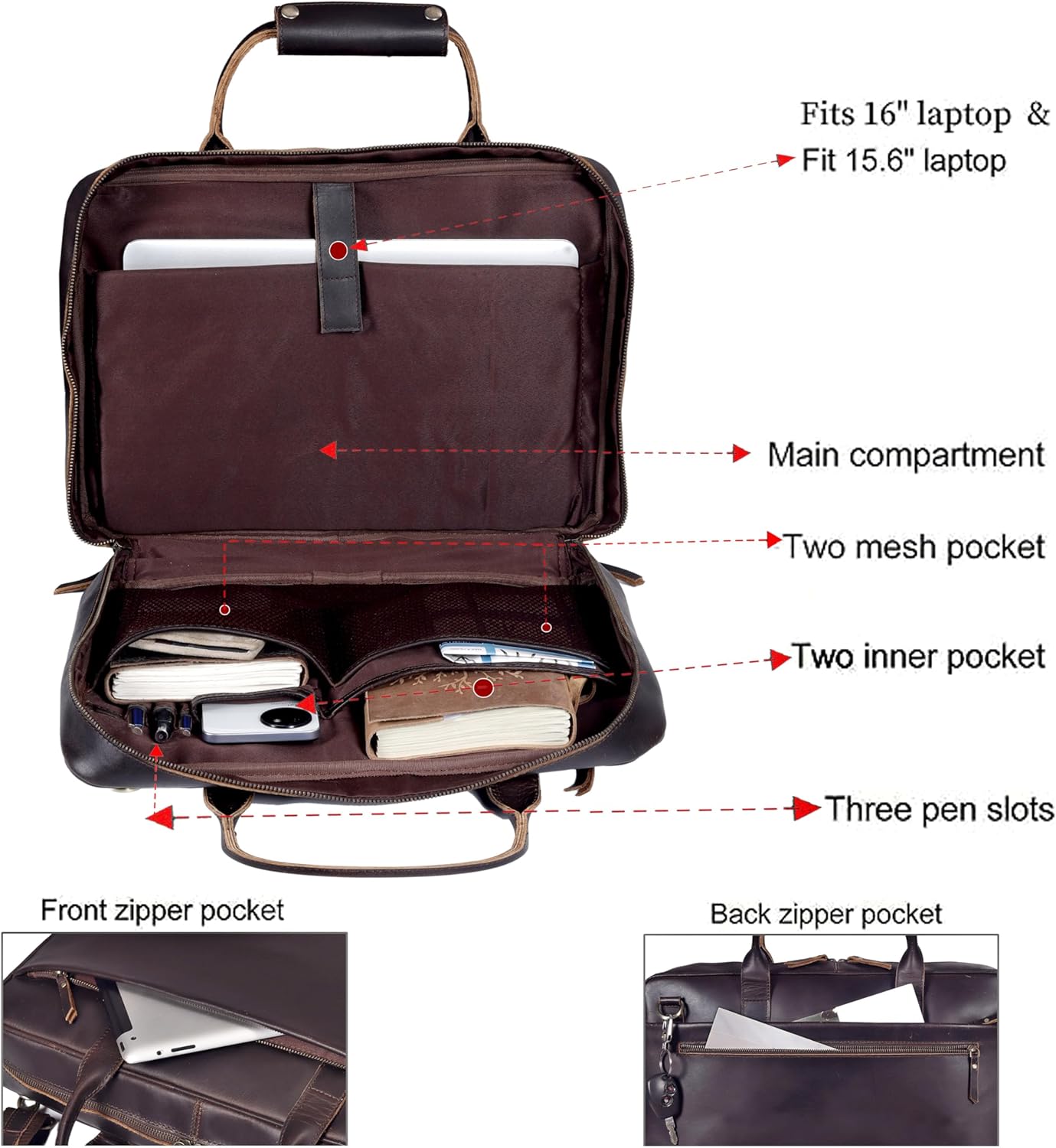 Full Grain Leather Slim Briefcase for Men Laptop Messenger Shoulder Brown Vintage Attache Computer Business Work Lawyer Bag