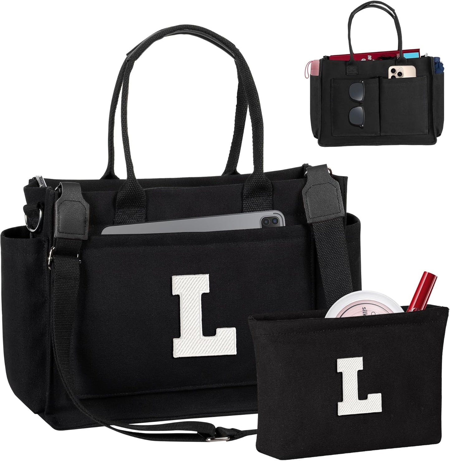 Gifts for Women Teen Girls, Initial Tote Bag with Zipper, Letter Canvas Tote Purse for College Work Laptop Beach