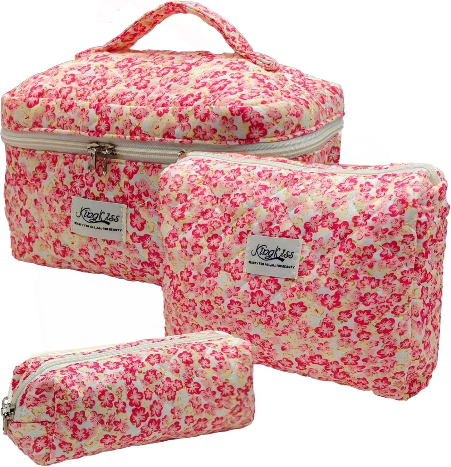 Quilted Makeup Bag, Large Capacity Travel Cosmetic Bag for Women and Girls, Aesthetic Storage for Daily and Travel Use (3pcs-Red Flowers)