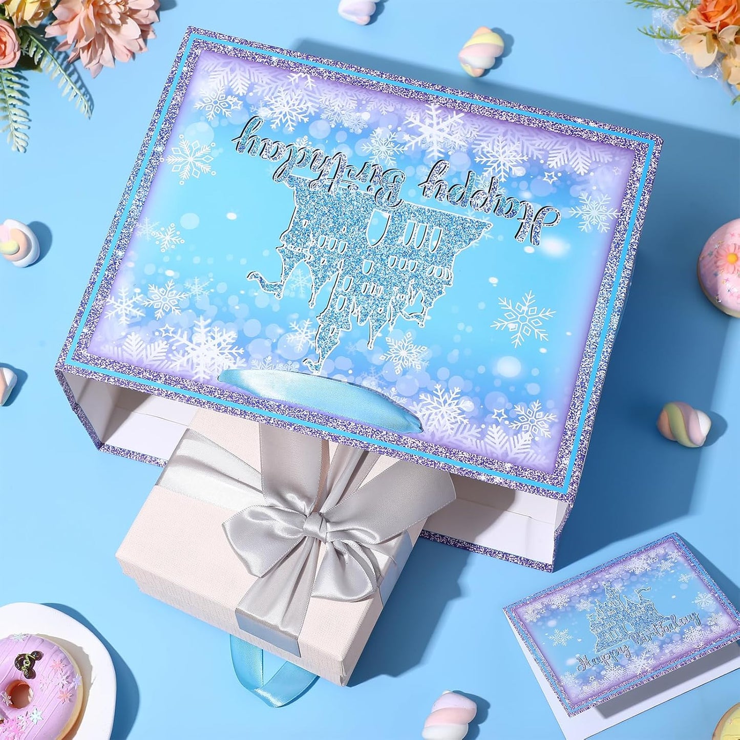 Frozen Birthday Gift Bag with Greeting Card and Tissue Paper Large Snowflake Castle Party Favor Bags Frozen Birthday Wrapping Paper Bags Treat Candy Bags with Handle for Bday Christmas Winter Gift