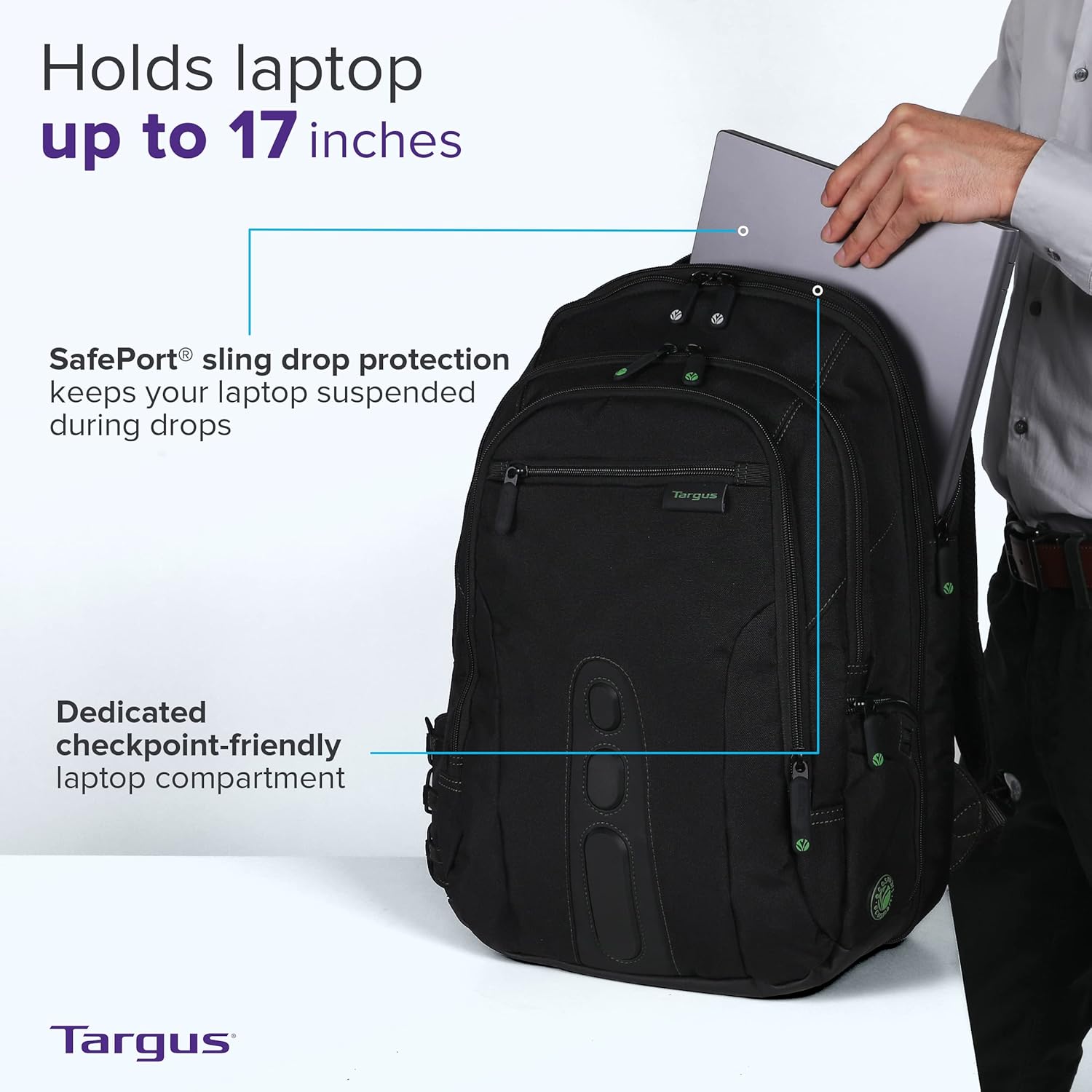 Targus Spruce EcoSmart Travel Laptop Backpack for 17 inch Laptops, TSA-Friendly Carry On Backpack