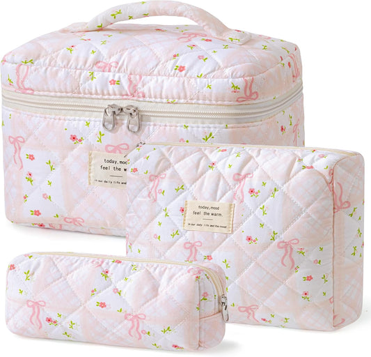 HBselect Quilted Makeup Bag, 3PCS Cotton Large Travel Makeup Bag, Cute Floral Coquette Make up Bag Cosmetic Bag Toiletry Bag for Women Girls