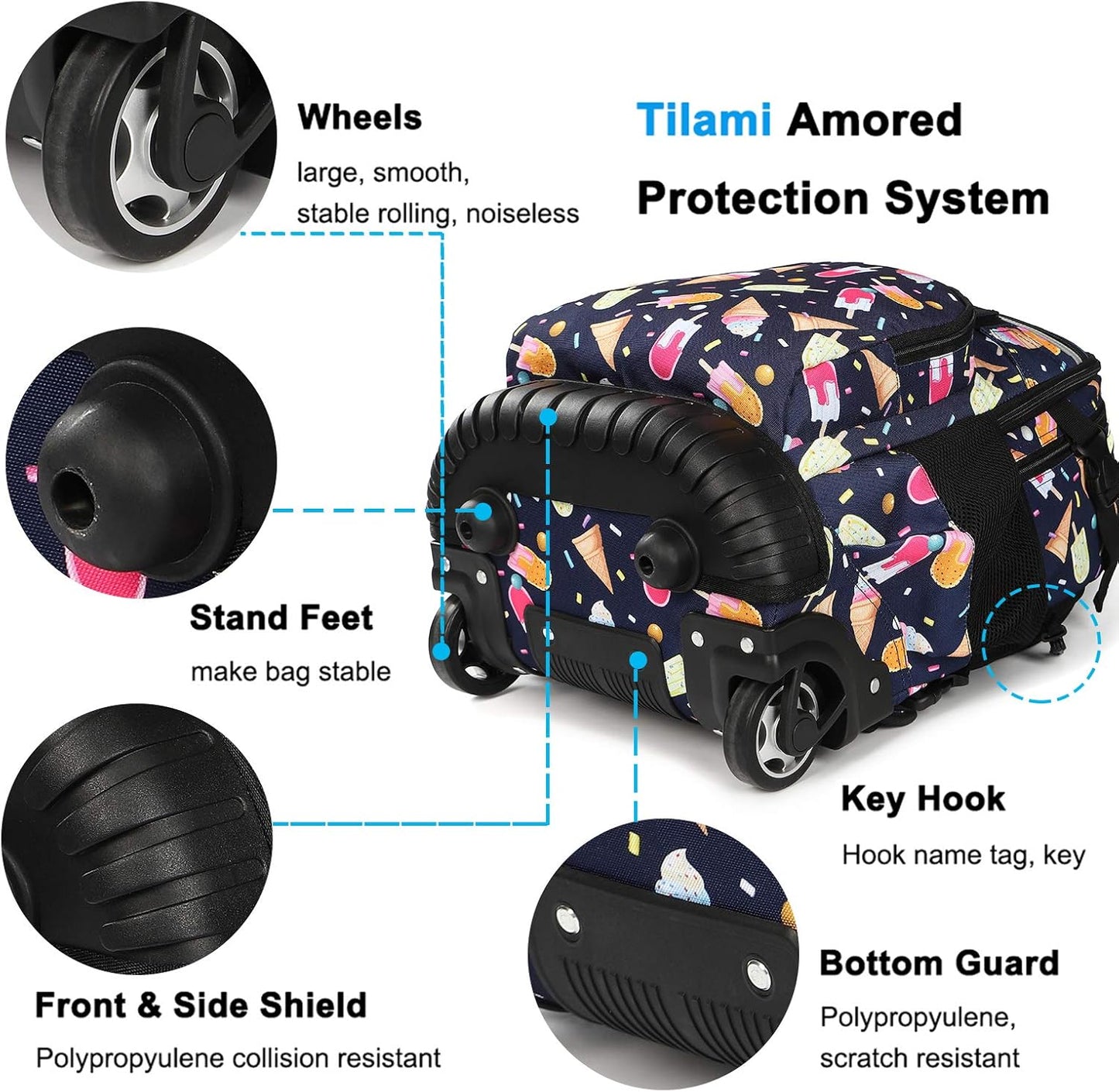 Tilami Rolling Backpack Armor Luggage School Travel Book Laptop 18 Inch Multifunction Wheeled Backpack Students