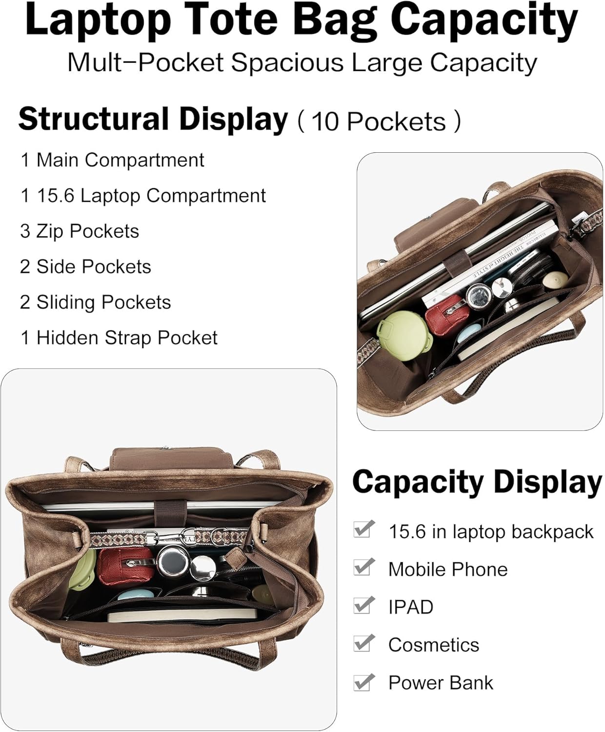 FADEON Large Laptop Tote Bag for Women Designer Leather Laptop Bag Fashion Travel Backpack Purse