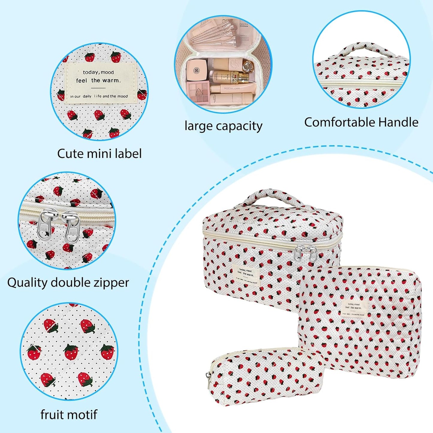 Quilted Makeup Bag, Large Capacity Travel Cosmetic Bag for Women and Girls, Aesthetic Storage for Daily and Travel Use (3pcs-Wildstrawberry)