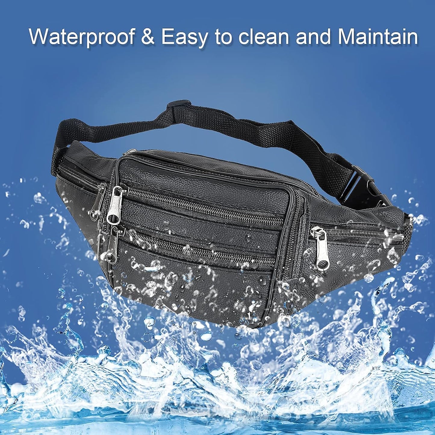 7 Pockets Leather Fanny Pack Travel Waist packs Waist Pack Suitable for Outdoor Mountaineering Travel Camping Cycling Running etc updated version Fanny packs (Black)