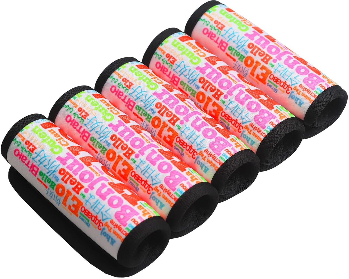 Luggage Handle Wrap for Suitcase-Printed Bright Neoprene Luggage Tags/Grips/Identifiers/Markers/Covers/Gripper for Suitcases Carry On Bags 5 Packs (Hello)