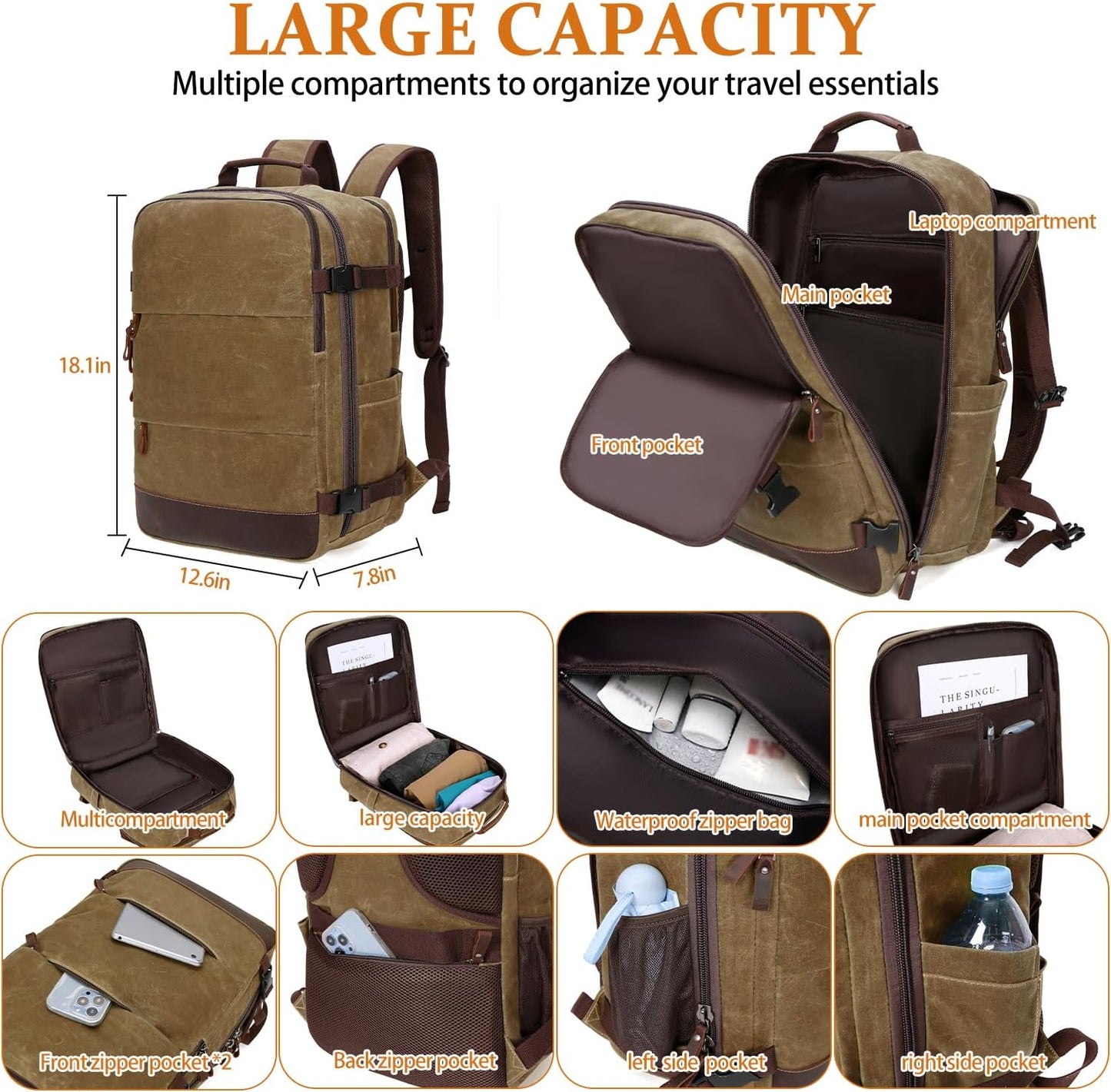 Travel Backpack for Men Carry On Backpack Flight Approved Personal Item Backpack, 18.4 inch Laptop Backpack Casual Daypack Weekender Business Hiking Backpack, Brown