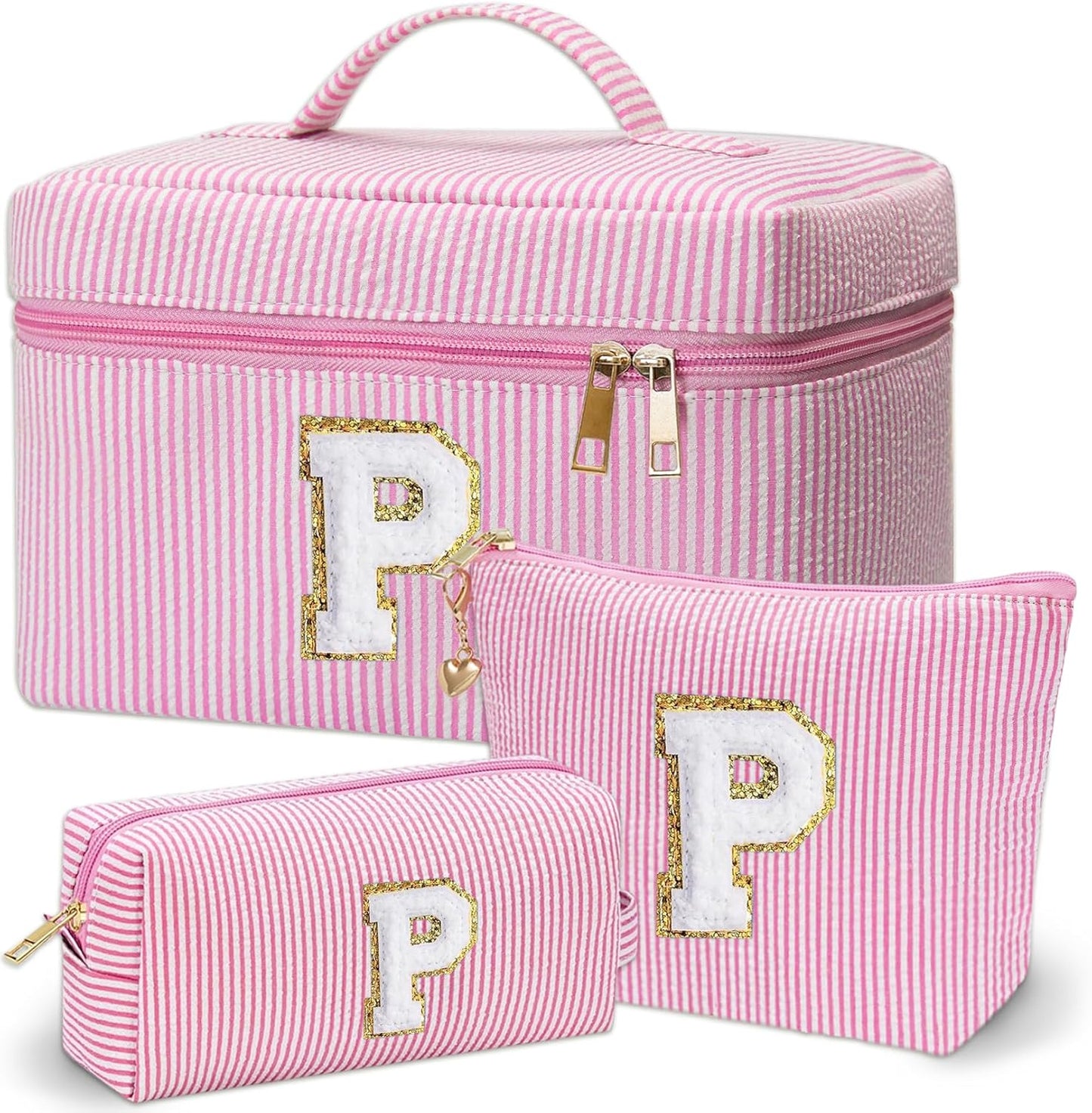 Personalized Monogram Makeup Bag, 3PCS Custom Monogrammed Toiletry Cosmetic Bag for 6-18 Teen Girls Women,Birthday Graduation Gifts Initial Pouch Makeup Bags for Women Girls, Make Up Bag (P, Pink)
