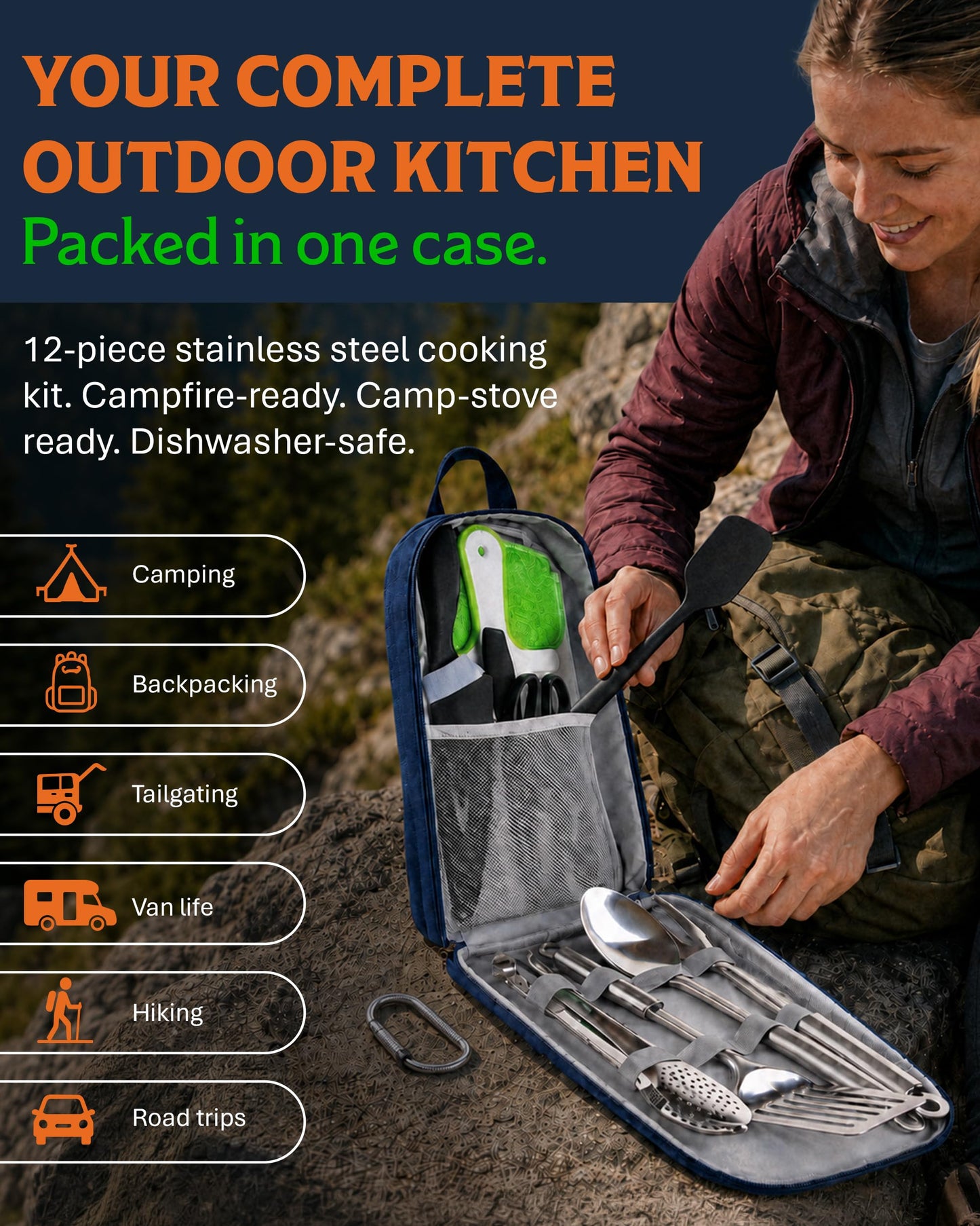 Life 2 Go 12 Pcs Camp Cooking Utensil Set & Outdoor Kitchen Gear Cookware Kit, Portable Compact
