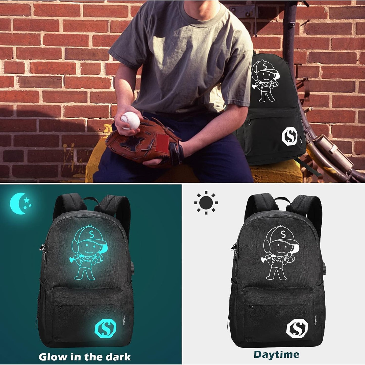 Kids Backpacks for Boys, Elementary School College Bookbag Lightweight Laptop Bag Baseball Anime Luminous Backpack with USB Charging Port, Anti Theft Lock and Pencil Case, Black