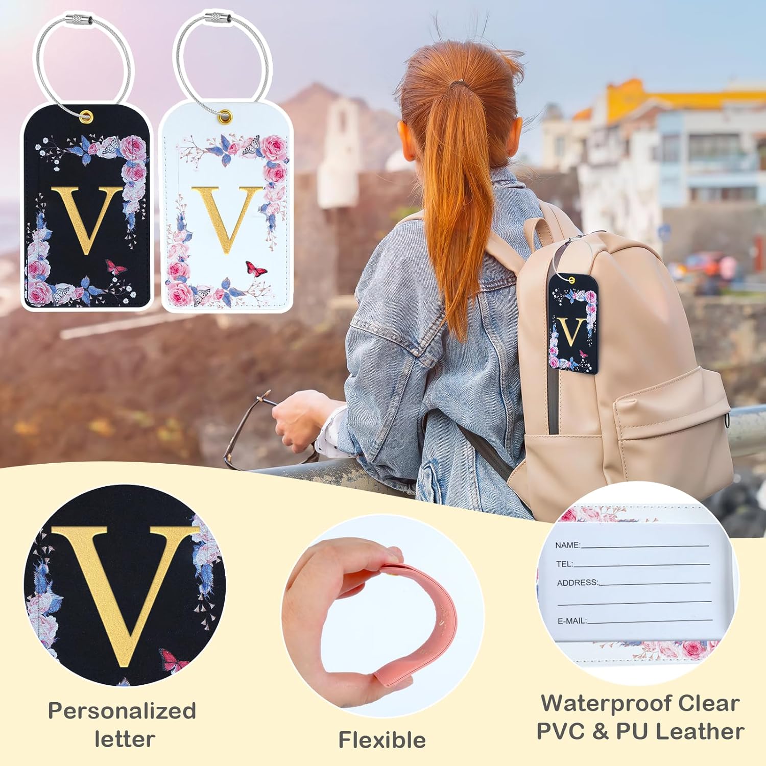 3 Pack Luxury Floral Luggage Tags, Durable PU Leather Suitcase Tags with Stainless Steel Cable