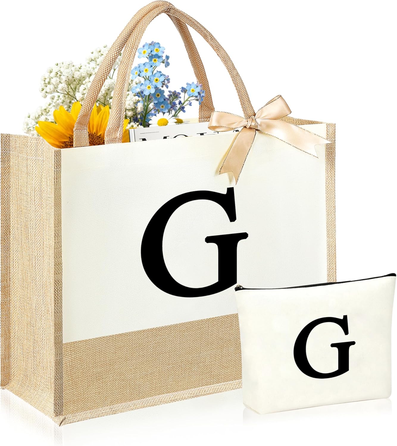 Initial Canvas Tote Bag & Makeup Bag for Women Teacher Bridesmaids，Personalized Present for Wedding, Birthday, Beach