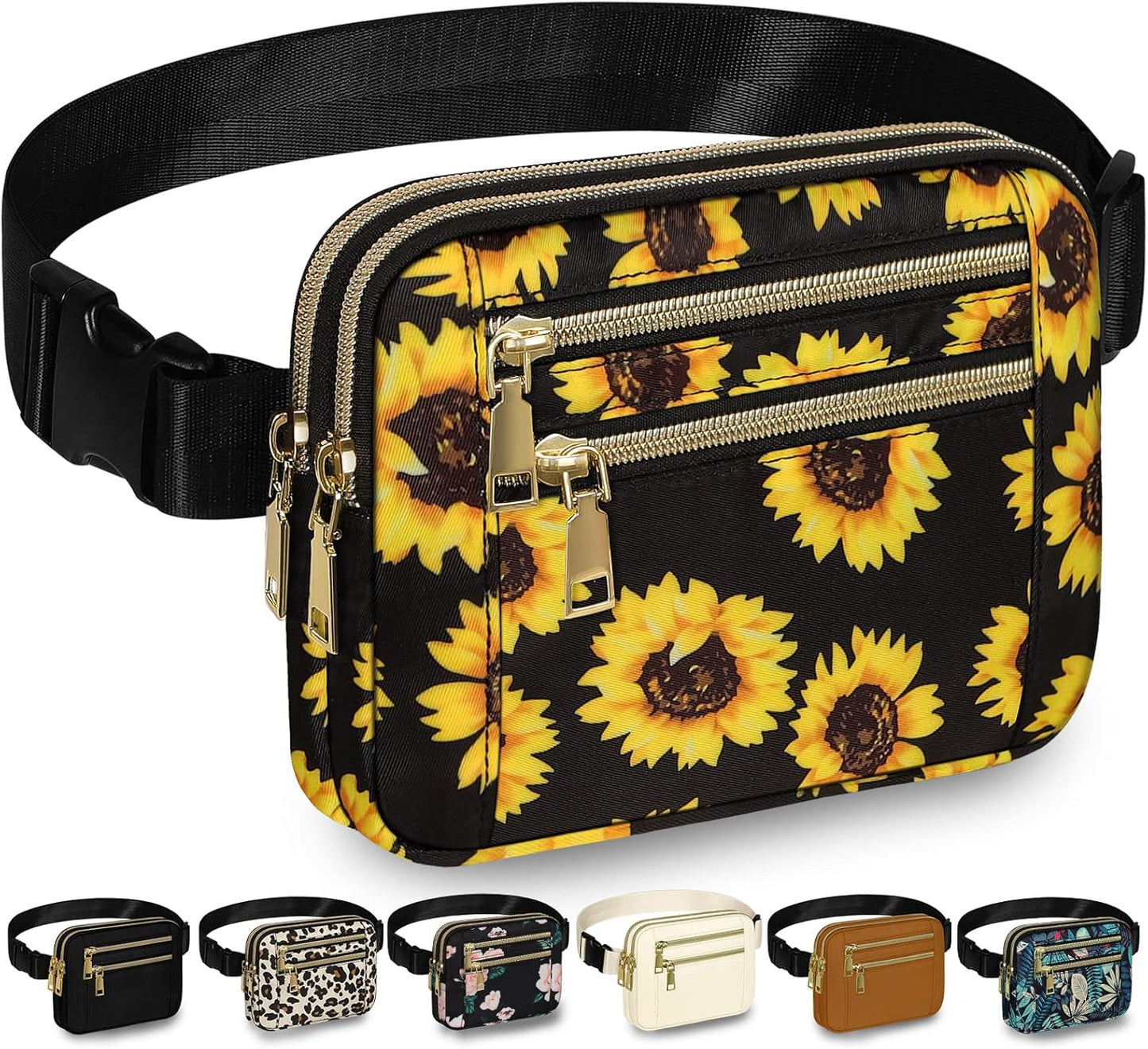 Capolo Fanny Packs for Women Fashion Waist Packs Bag with Adjustable Strap and 4 Zipper Pockets Waterproof Everywhere Crossbody Belt Bag for Workout Running Travelling(Sunflower)