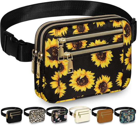 Capolo Fanny Packs for Women Fashion Waist Packs Bag with Adjustable Strap and 4 Zipper Pockets Waterproof Everywhere Crossbody Belt Bag for Workout Running Travelling(Sunflower)