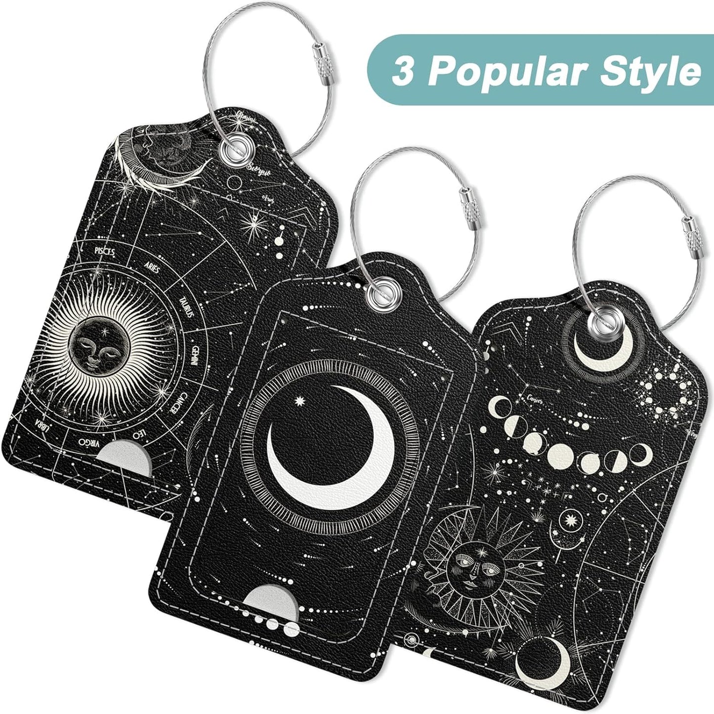 Rimilak 3 Pcs PU Leather Luggage Tags for Suitcase, Travel Cruise Luggage Tag with Privacy Flap, Name ID Label and Metal Loop for Women Men Baggage Handbag School Bag Backpack, Sun Moon