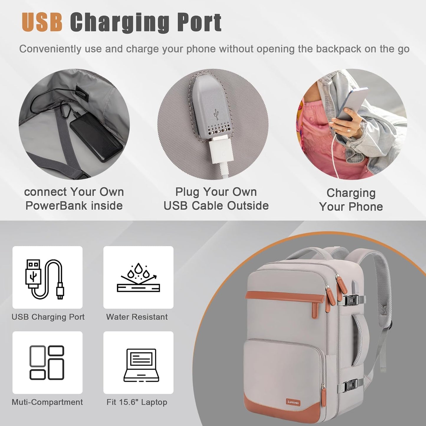 40L Travel Backpack with USB Charging Port, Water-Resistant Carry On Backpack for Men Women