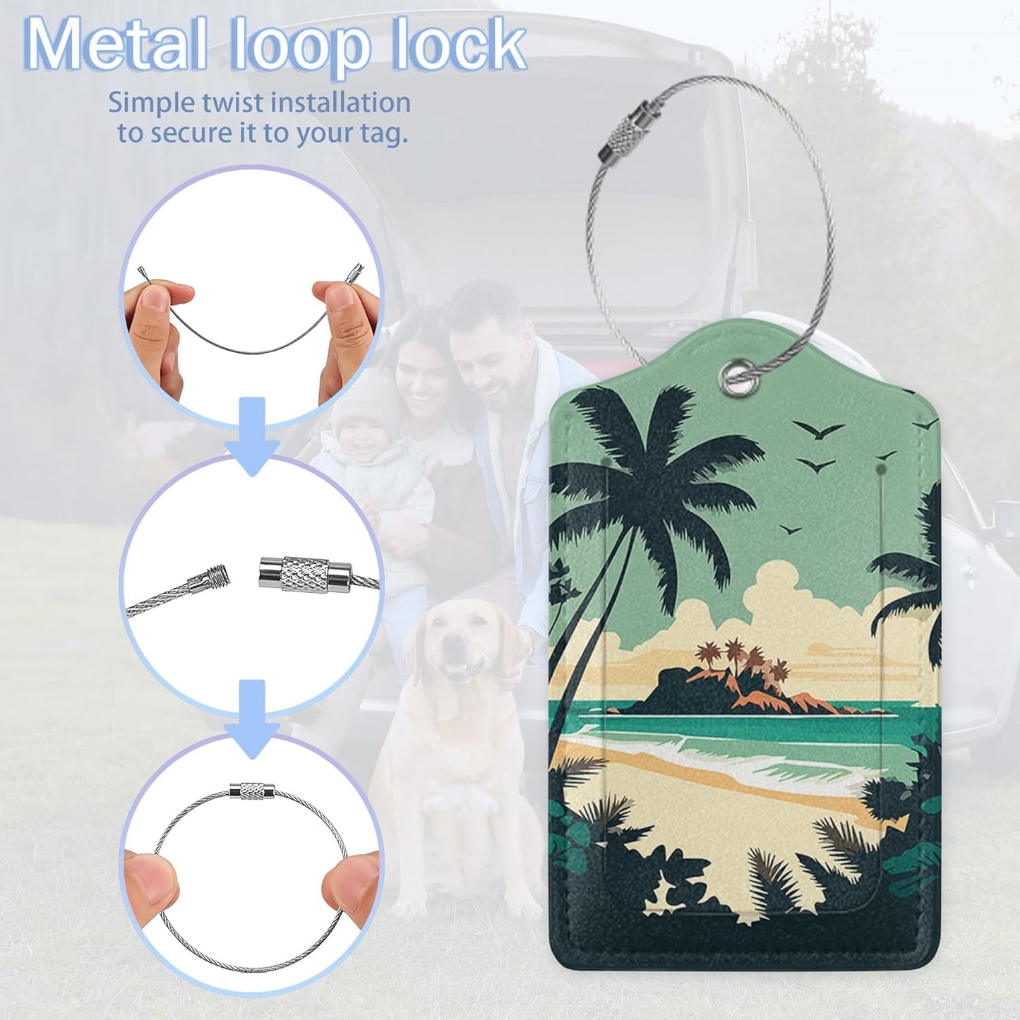 2 Pack Luggage Tags,Leather Suitcase Tags with Privacy Cover Name Address Labels& Durable Steel Loop for Men/Women Travel Bag Suitcases(Beach Palms)