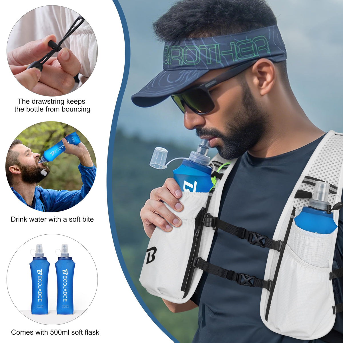 BECOJADDE Running Vest Hydration Backpack with Two 500ML Soft Water Bottles for Men Women, 5L
