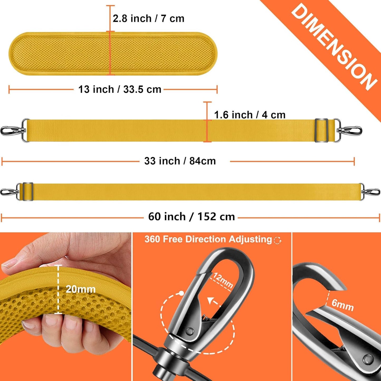 60 Inch Shoulder Strap, Ultra-Thick and Padded with Metal Swivel Hooks for Laptop Messenger and Crossbody Canvas Bags