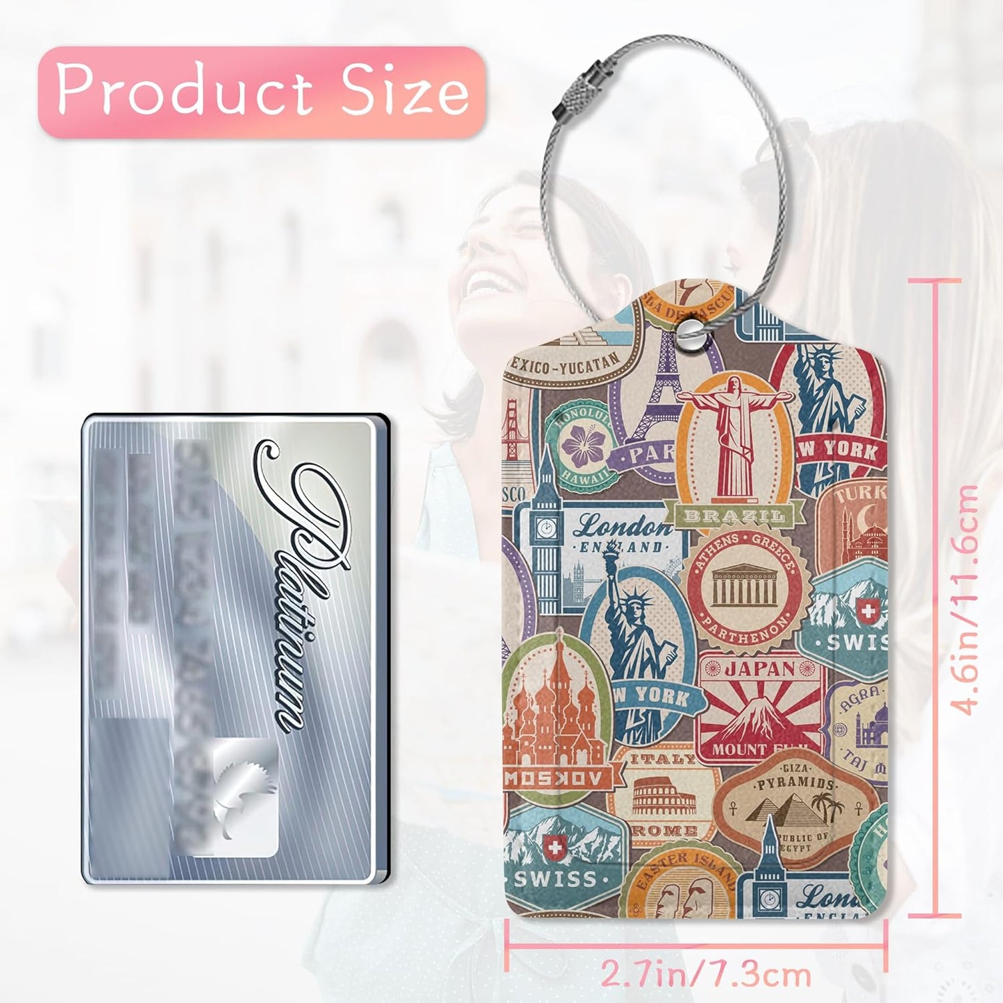 2 Pack Luggage Tags for Suitcases, Travel Stamp Luggage Tag, Leather Stainless Steel Loop Label Tag for Men Travel Bag Suitcase