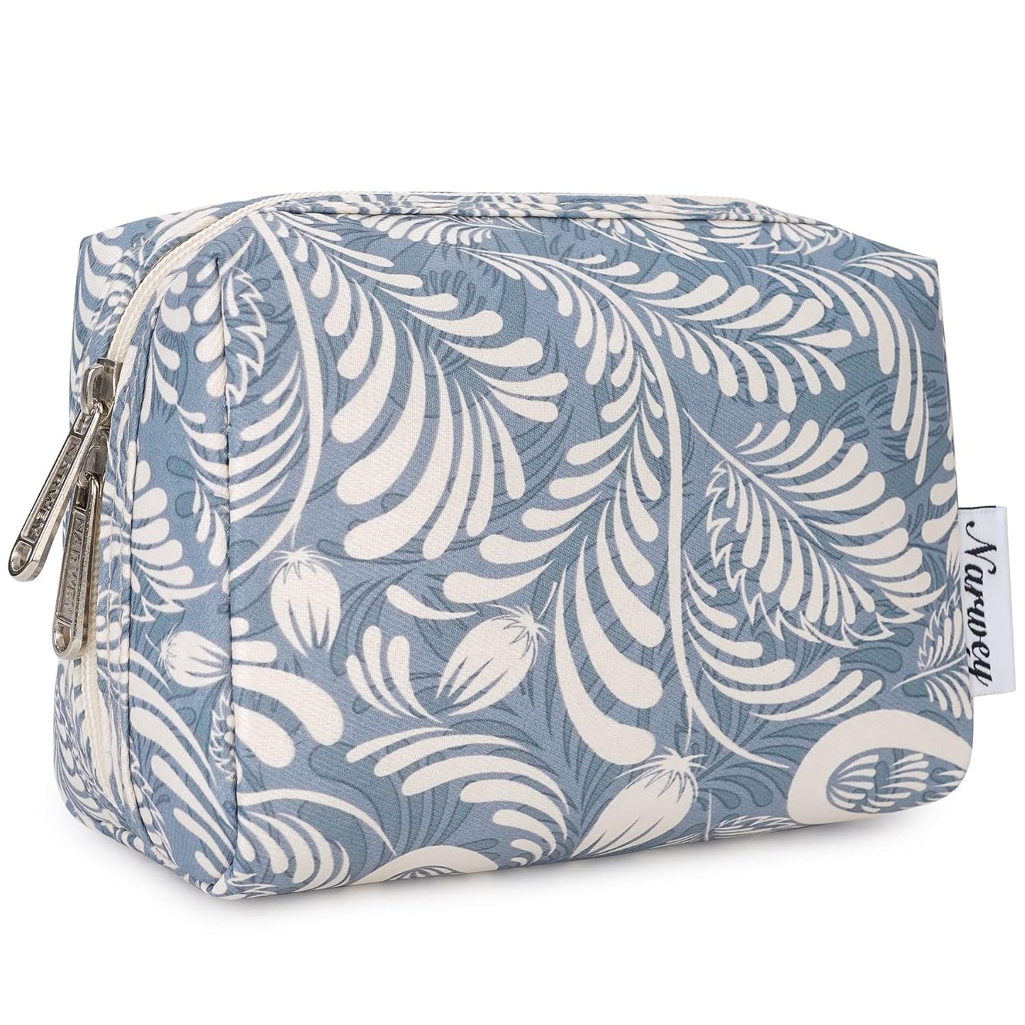 Narwey Small Makeup Bag for Purse Mini Cosmetic Bag Travel Makeup Pouch Zipper Pouch Cute Make up Bags with Compartments for Women Girls (Small, Blue Leaf)