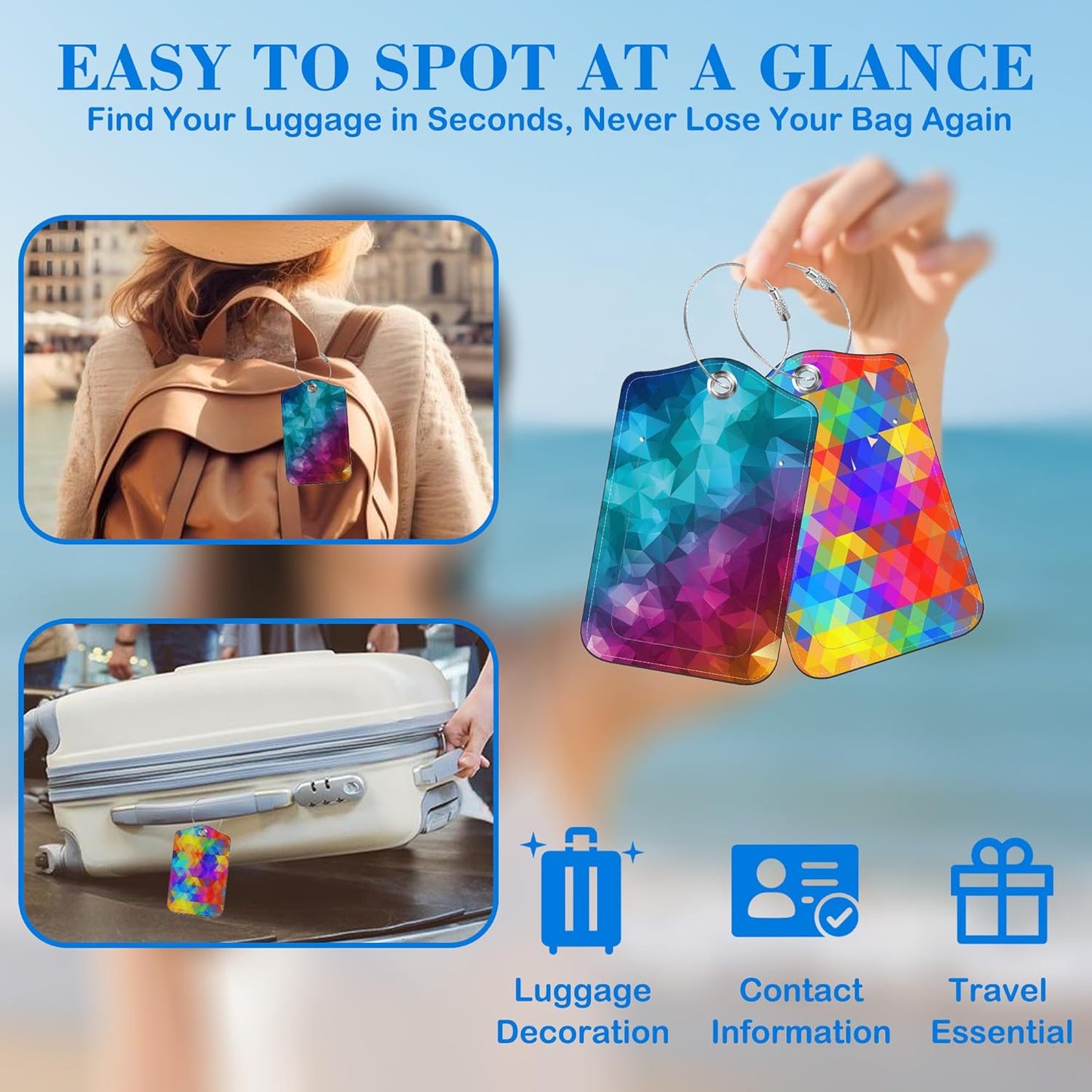Polygonal and Rainbow Color Rhombus Luggage Tags for Suitcases Leather Travel Tags for Luggage ID Label with Privacy Cover and Stainless Steel Loop for Men Women Suitcase Backpack, Set of 2