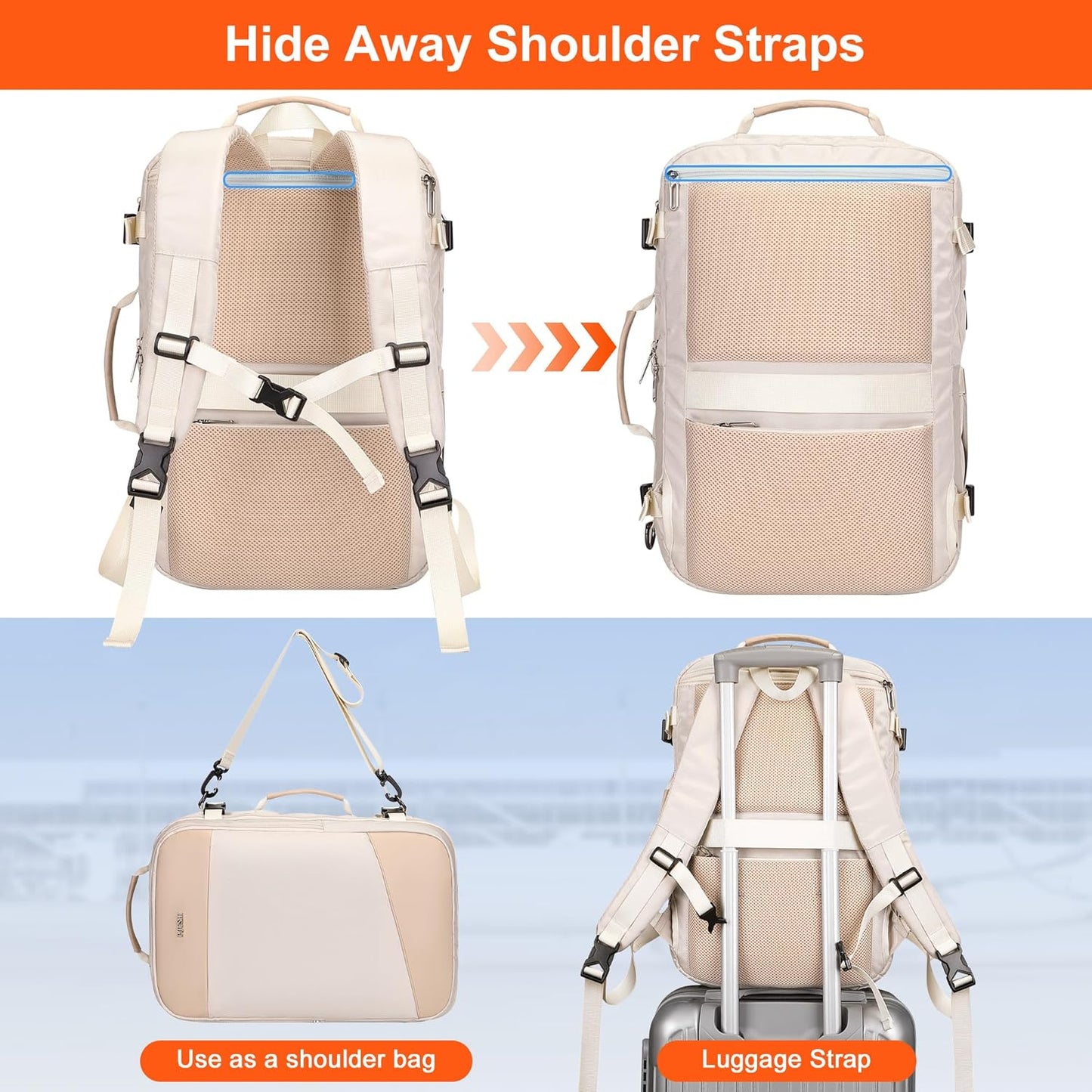PIJUSHI Travel Backpack for Women Carry on Suitcase Backpack Flight Approved Personal Item Bag Fits 16 Inch Laptop(PE035 Beige)