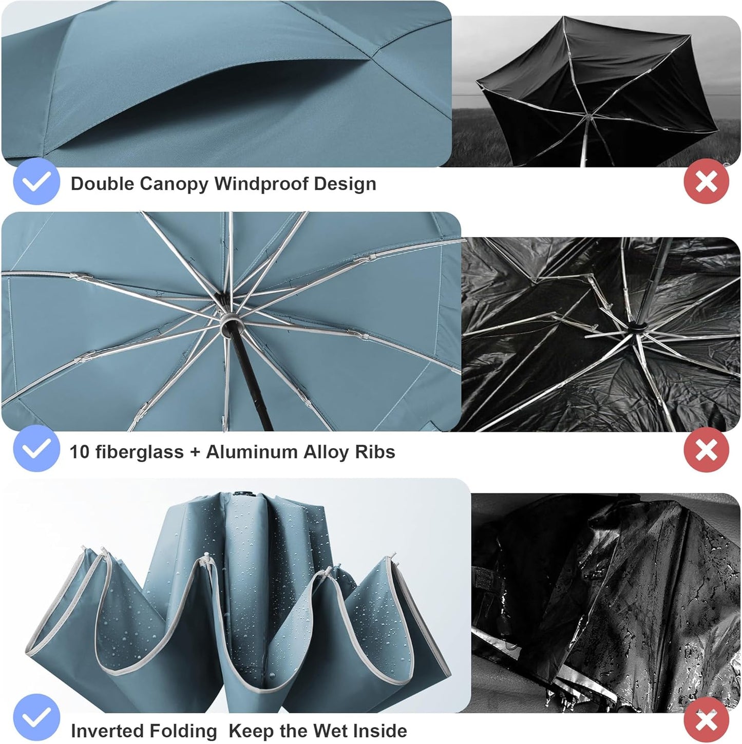 Urvoix Compact Golf Umbrellas Windproof, Travel Umbrella for Rain, 10 Ribs Aluminum Alloy & Fiberglass w/Reflective Stripe, Double Canopy Automatic Anti-bounce Close