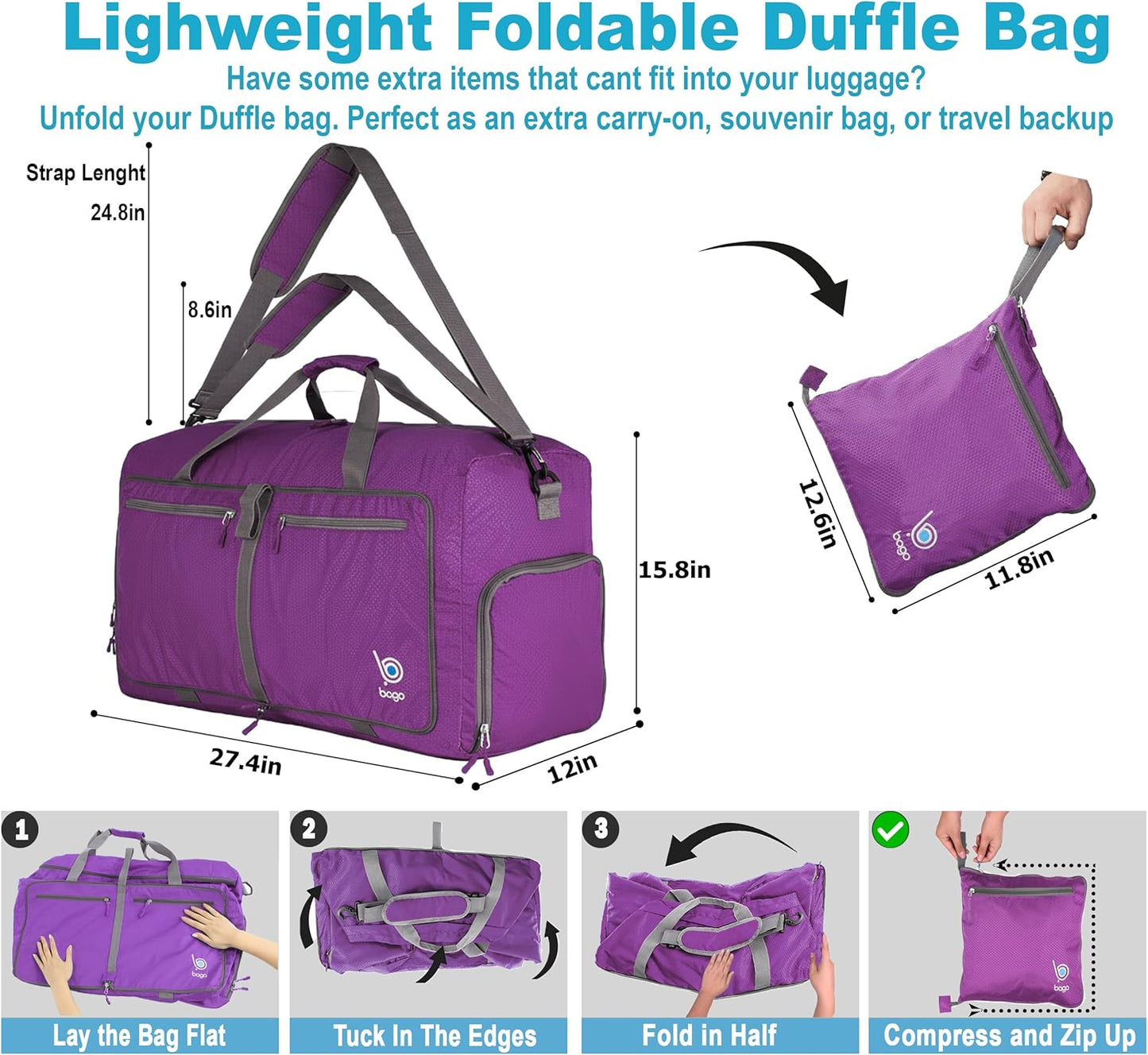 Bago Large Foldable Duffel Bags for Traveling Women & Men - 80L Packable Duffle Bag for Travel with Shoe Compartment - Water Repellant, Heavy Duty, Lightweight Folding & Collapsible (Purple)