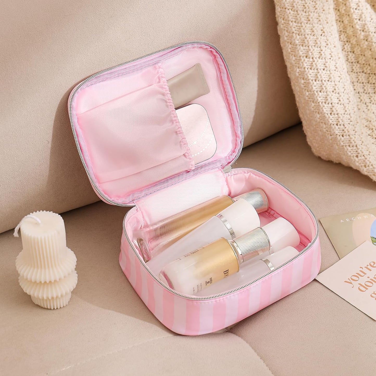 uekeboag Pink Stripe Nylon Travel Makeup Organizer Bag,Top Open Large Capacity Cosmetic Bags,Toiletries Accessories Coquette Bag for Women Girls(04Simple Top Open)