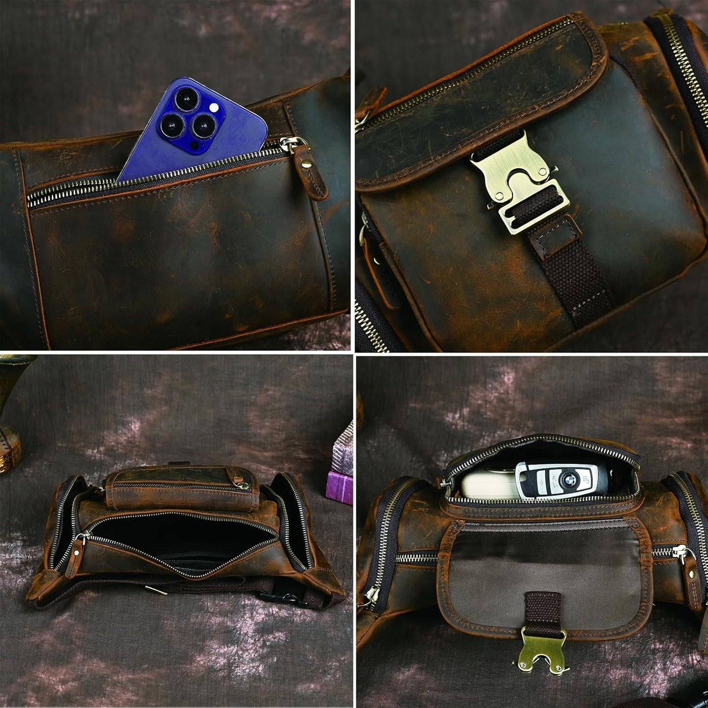 Thick Crazy Horse Leather Hiking Riding Travel Outdoor Belt Bag Fanny Waist Pack Small Phone Pouch For Men Women 380 (388 Brown)