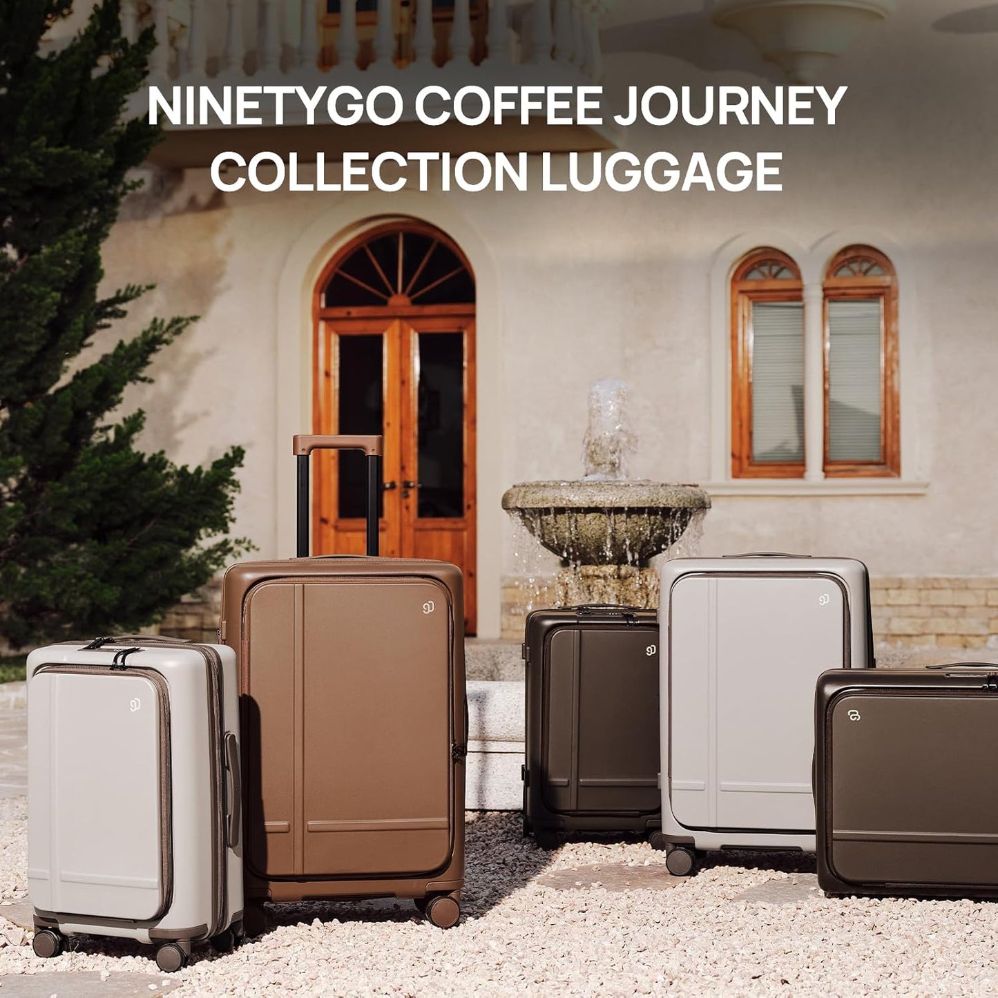 NINETYGO Medium Checked Luggage 25 Inch, Flat Top Opening Checking In Luggage with Cup Holder, Expandable, Coffee-Infused PC Hard Shell, Eco-Friendly, TSA Lock, 360° Spinner Wheels (Latte)