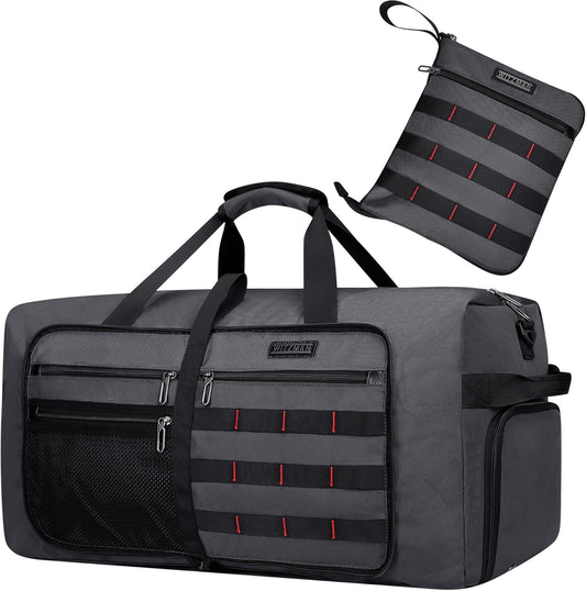 WITZMAN Foldable Duffle Bag for Travel 65L Lightweight Packable Duffel Bag with Shoes Compartment Overnight Bag for Men Women (B697 Silvery Grey)