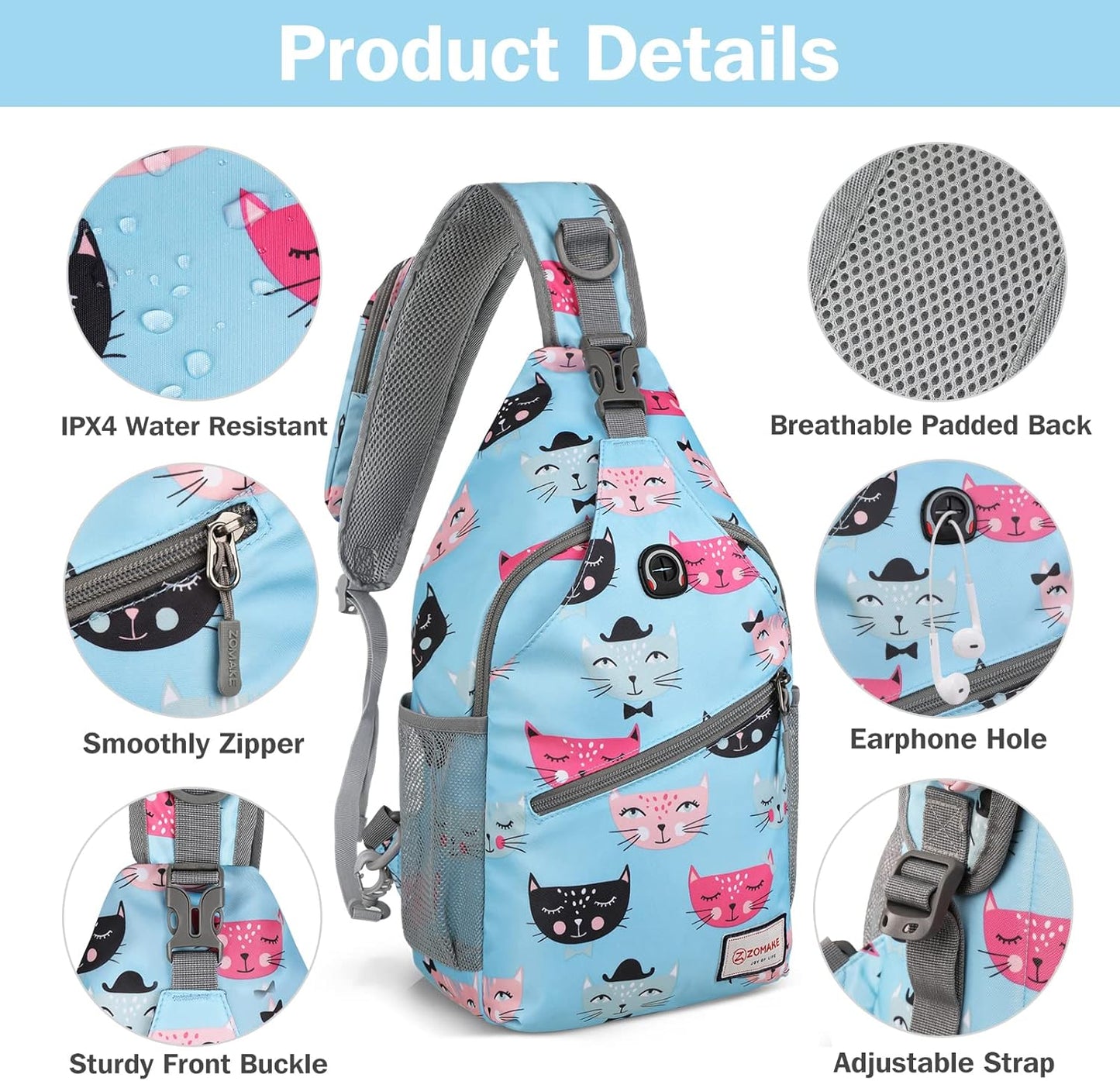ZOMAKE Sling Bag,Small Crossbody Sling Backpack,Water Resistant Shoulder Daypack for Travel,Anti Thief Chest Bag for Hiking(Cat'S Head Light Blue)
