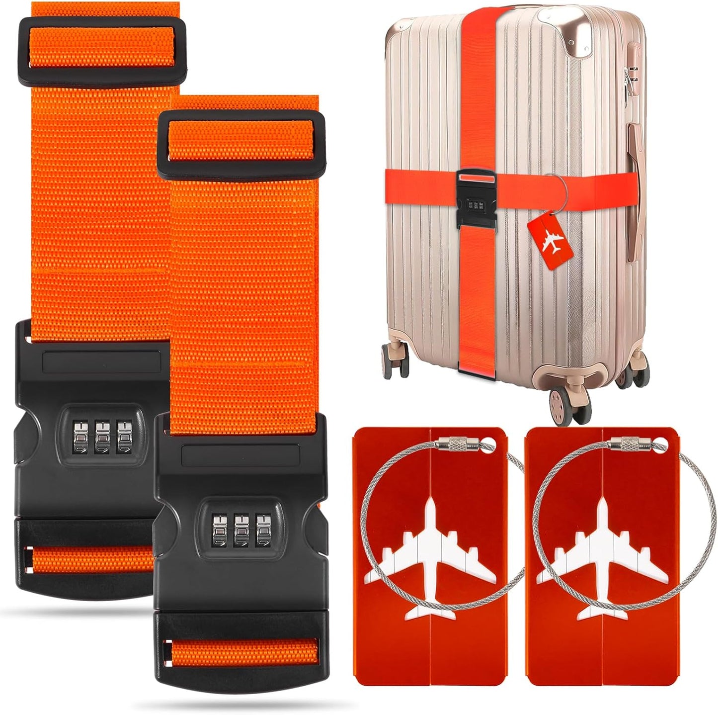 BILIONE 2 Pack Luggage Straps for Suitcases with Password Lock & Metal Airplane Tags, Adjustable Suitcase Belt & Travel Belt, Luggage Connector Straps to Connect Two Bags 20-34 Inch (Orange)