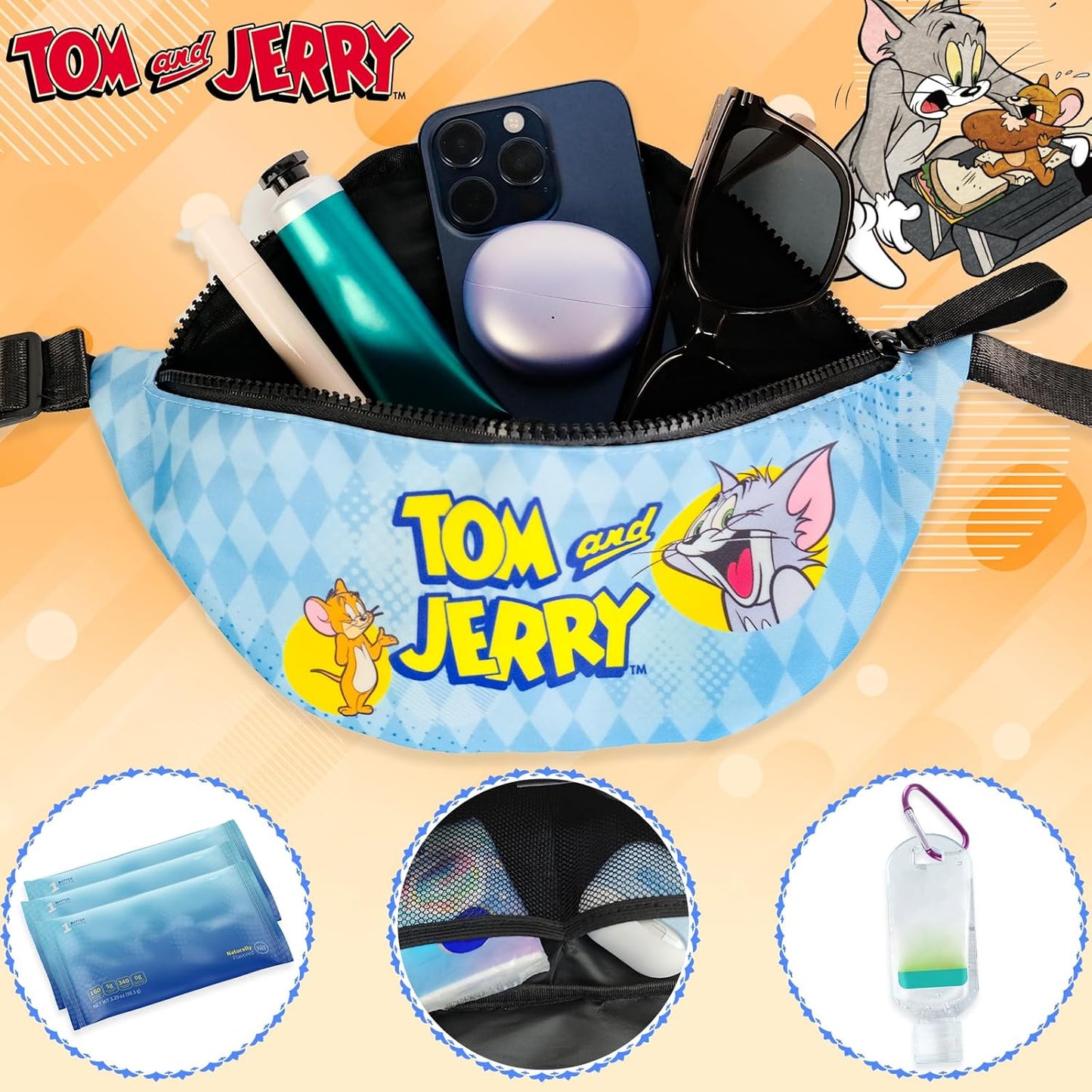 Tom & Jerry Running Belt Bag, Fashion Waist Pack Kids Fanny Pack Gift for Boys Girls, Travel, Daily Use, Christmas Birthday Gift