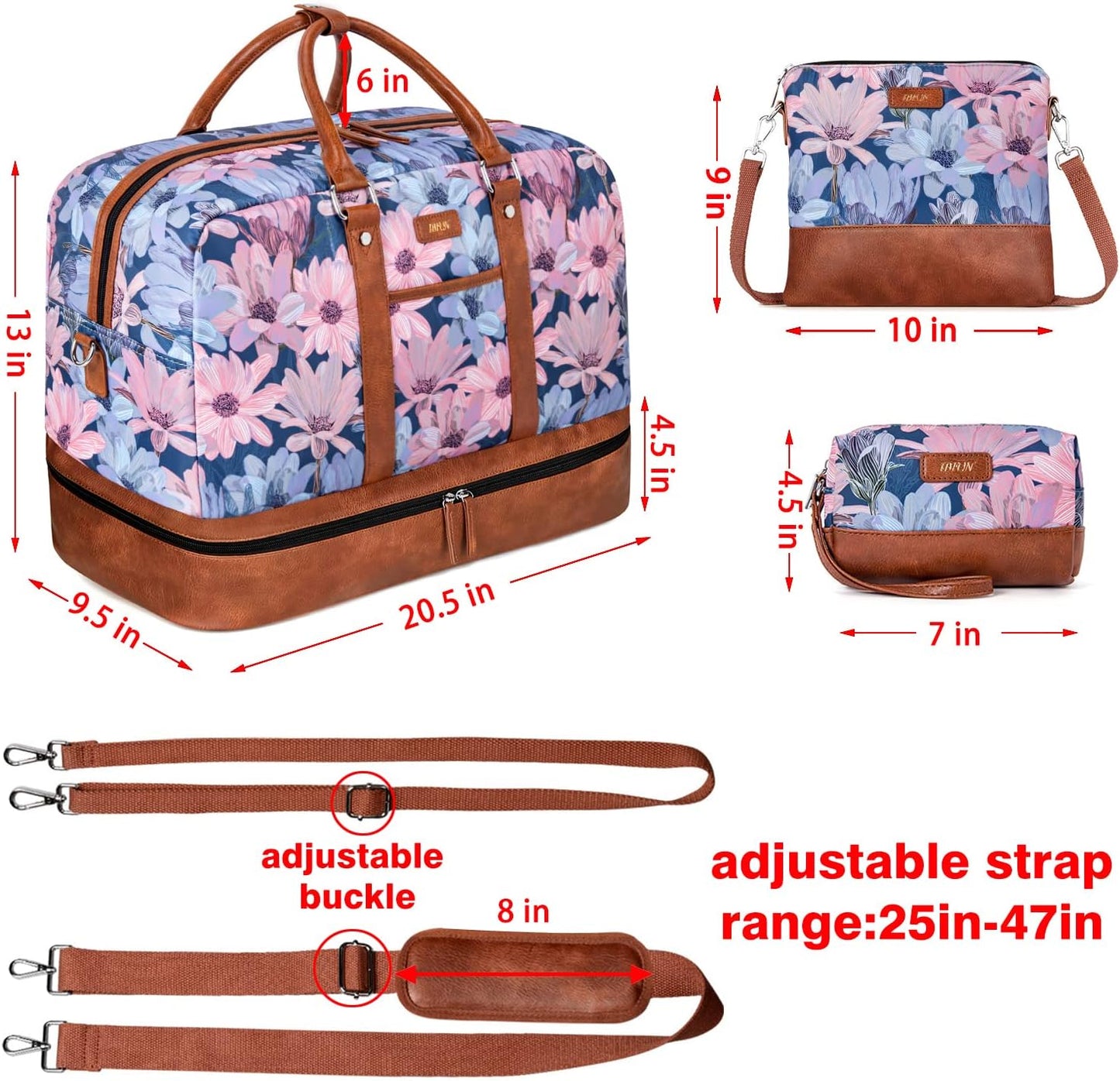 Weekender Bag for Women, Large Overnight Bag Canvas Travel Duffel Bag Carry On Tote with Shoe Compartment 21" 3Pcs Set
