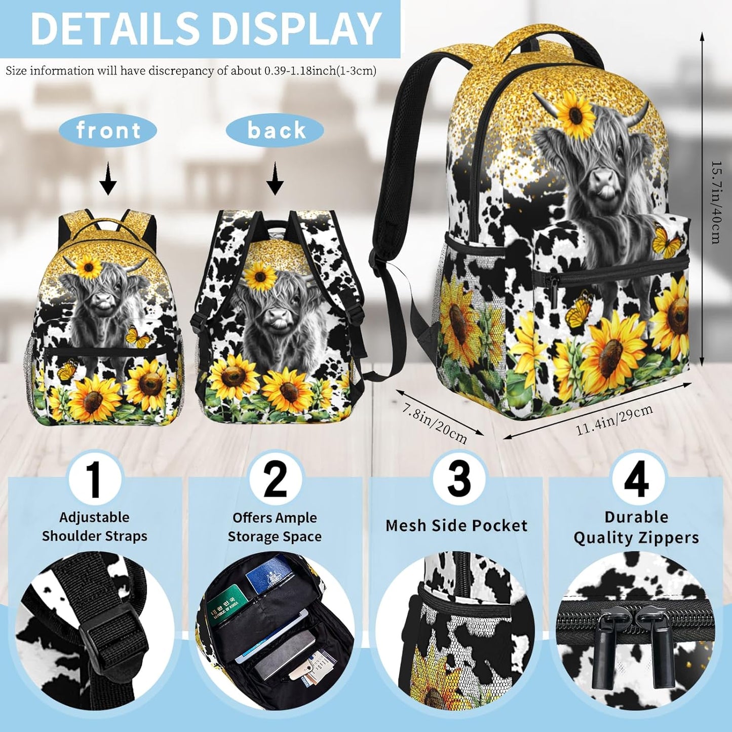 Highland Cow Backpack for Girls Boys Sunflower Cow Print School Backpack for Kids Children Teens
