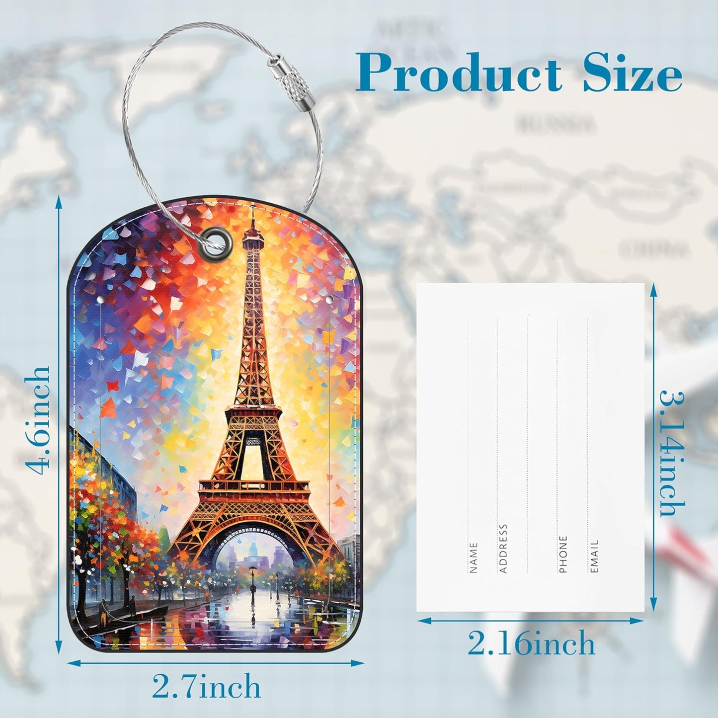 2 Pack Luggage Tag for Suitcase Eiffel Tower Art Painting Leather Suitcase Tags with Privacy Name ID Label and Stainless Steel Loop for Travel Bag