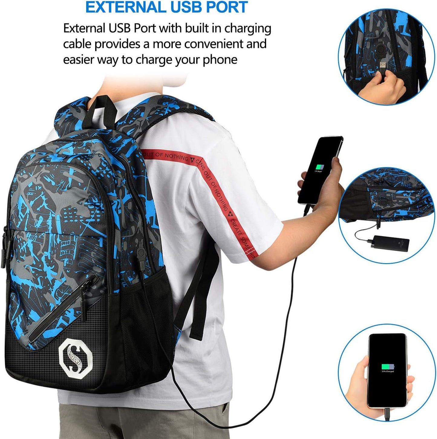 Laptop Backpack for Boys School Bags for Kids with USB Charging Port, Water Resistant School Backpack Travel Daypack 15.6" Laptop Bag with Lunch Bag and Pencil Case