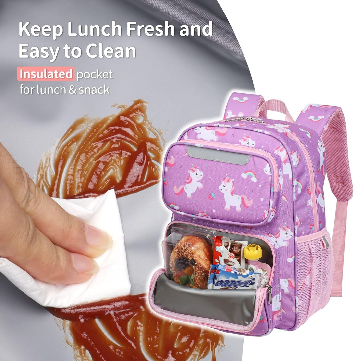 Kids Backpack for Girls - 15 Inch Backpack for Kids 3 to 8, Lightweight Bookbag for Preschool Kindergarten Elementary School, Insulated Pocket, Safe Reflective Stripe, Purple Unicorn