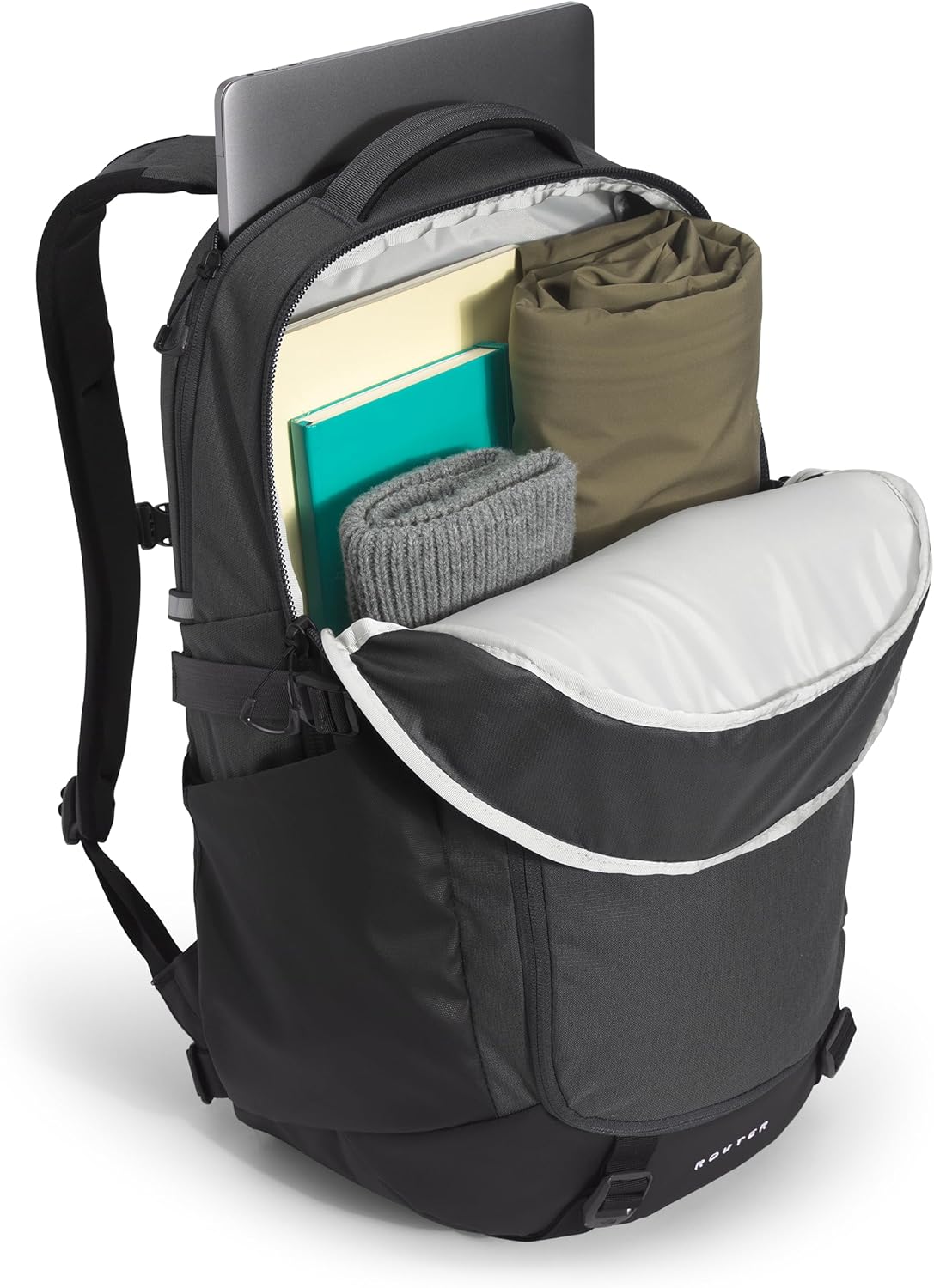 The North Face Router Everyday Laptop Backpack | Daypack with Water Repellent Finish, 17" Laptop Sleeve, Reflective Details, Asphalt Grey Light Heather/TNF Black-NPF, One Size